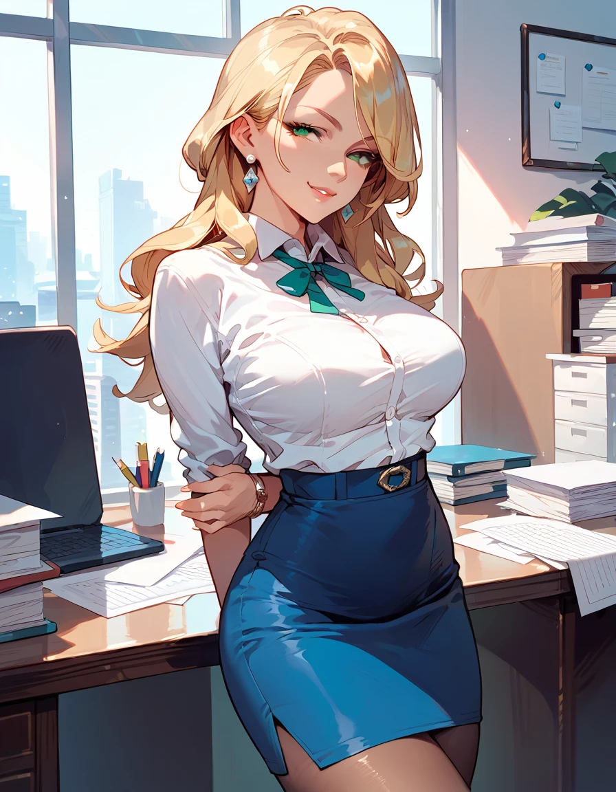 (score_9,score_8_up,score_7_up),1woman,solo,source_anime,mature,big sister,middle age,blonde hair,green eyes,looking at viewer, office, white shirt, pantyhose, (blue skirt:1.2), pencil skirt, naughty face, arms behind back