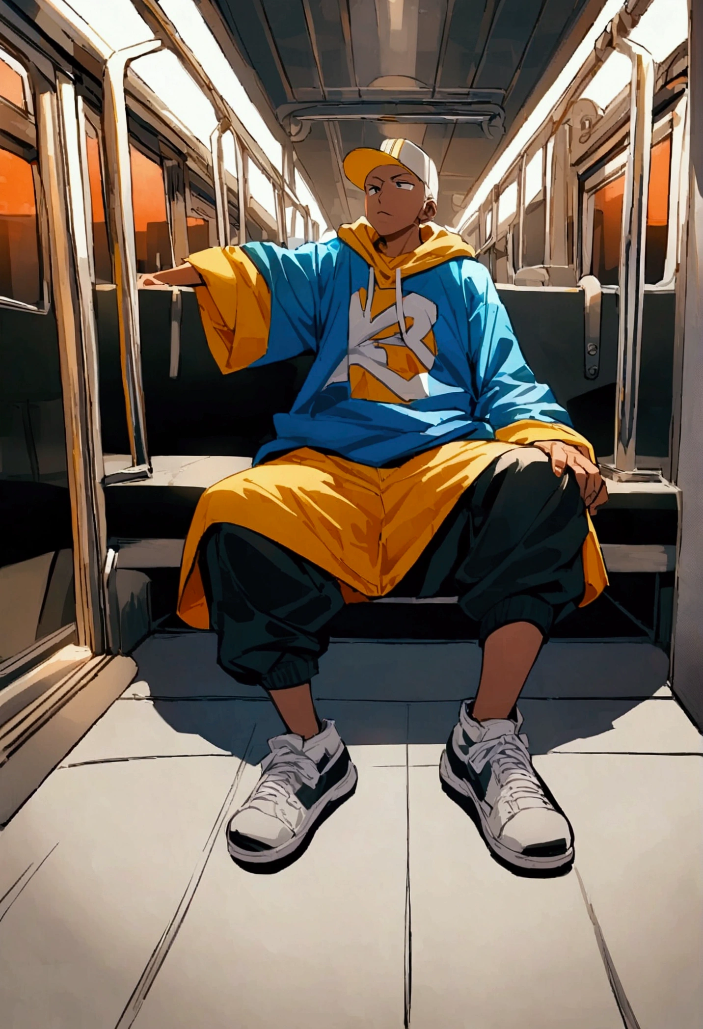 denji and power from chainsawman, sitting in train, full body, hip hop clothes, baggy clothes, perspective.
