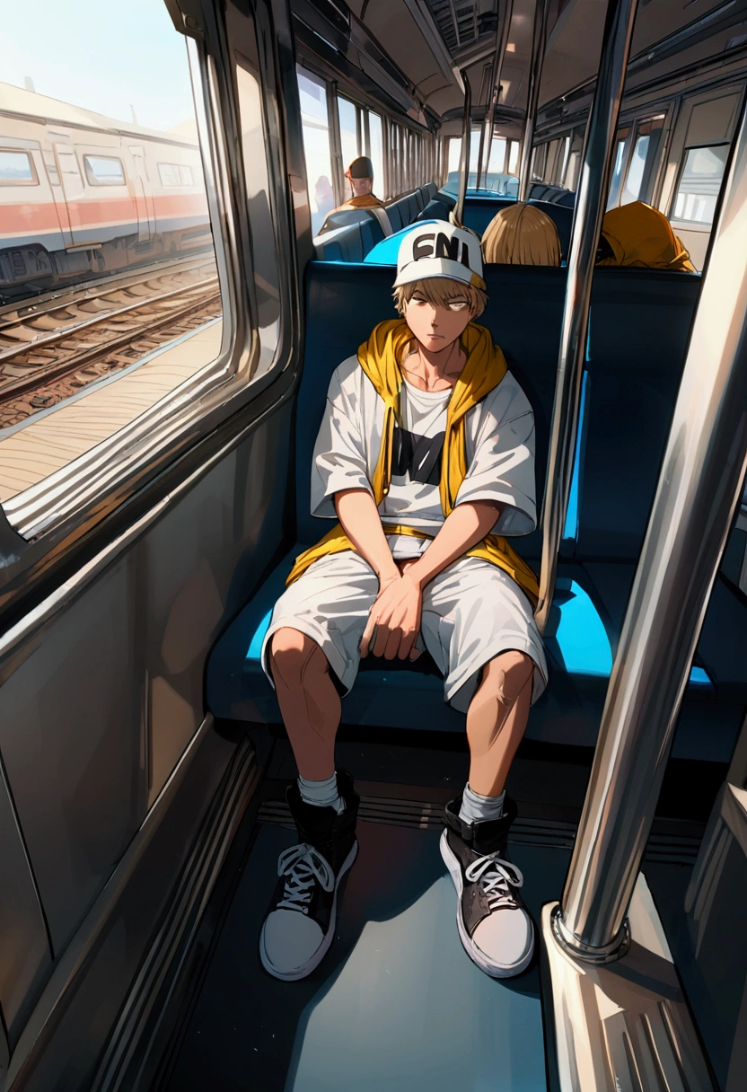 denji and power from chainsawman, sitting in train, full body, hip hop clothes, baggy clothes, perspective.