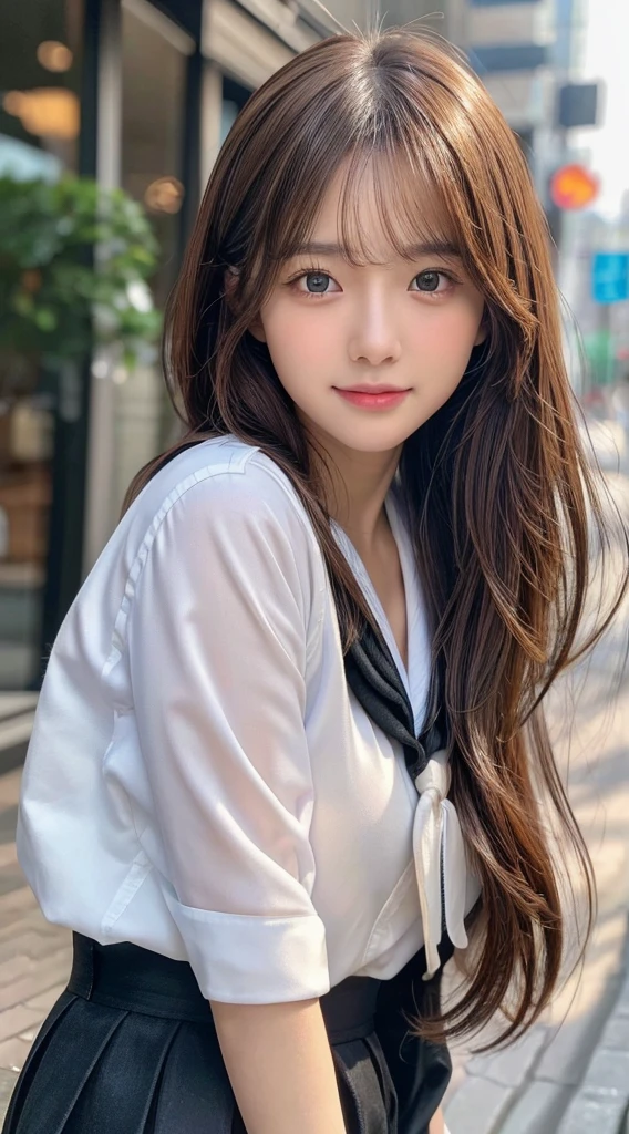 (8k,masterpiece, RAW photo,best quality:1.4),(photo realistic:1.2),(extremely detailed face),(shiny skin),(detailed skin),(detailed face),(extremely beautiful face),1girl,looking at viewer,Japanese idle(actress), brown hair,medium hair,straight hair,asymmetrical bangs,smile,glamor,big breasts, (school uniform, sailor suit:1.2), street ,high position,natural lighti