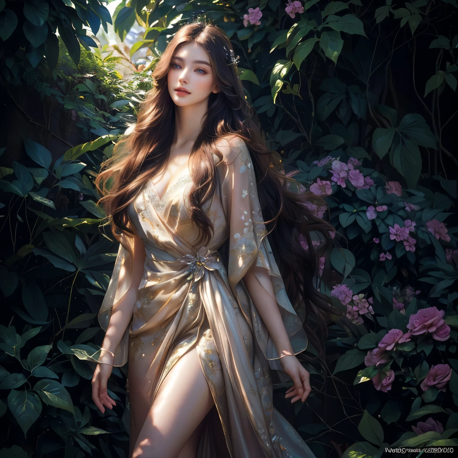 a beautiful young woman, intricate detailed face, detailed eyes, long eyelashes, delicate lips, porcelain skin, elegant expression, long flowing hair, beautiful floral dress, standing in a lush garden, sunlight filtering through the leaves, vibrant colors, serene and peaceful atmosphere, (best quality,8k,highres, masterpiece:1.2),ultra-detailed,(realistic,photorealistic,photo-realistic:1.37),cinematic lighting,vibrant colors,natural setting