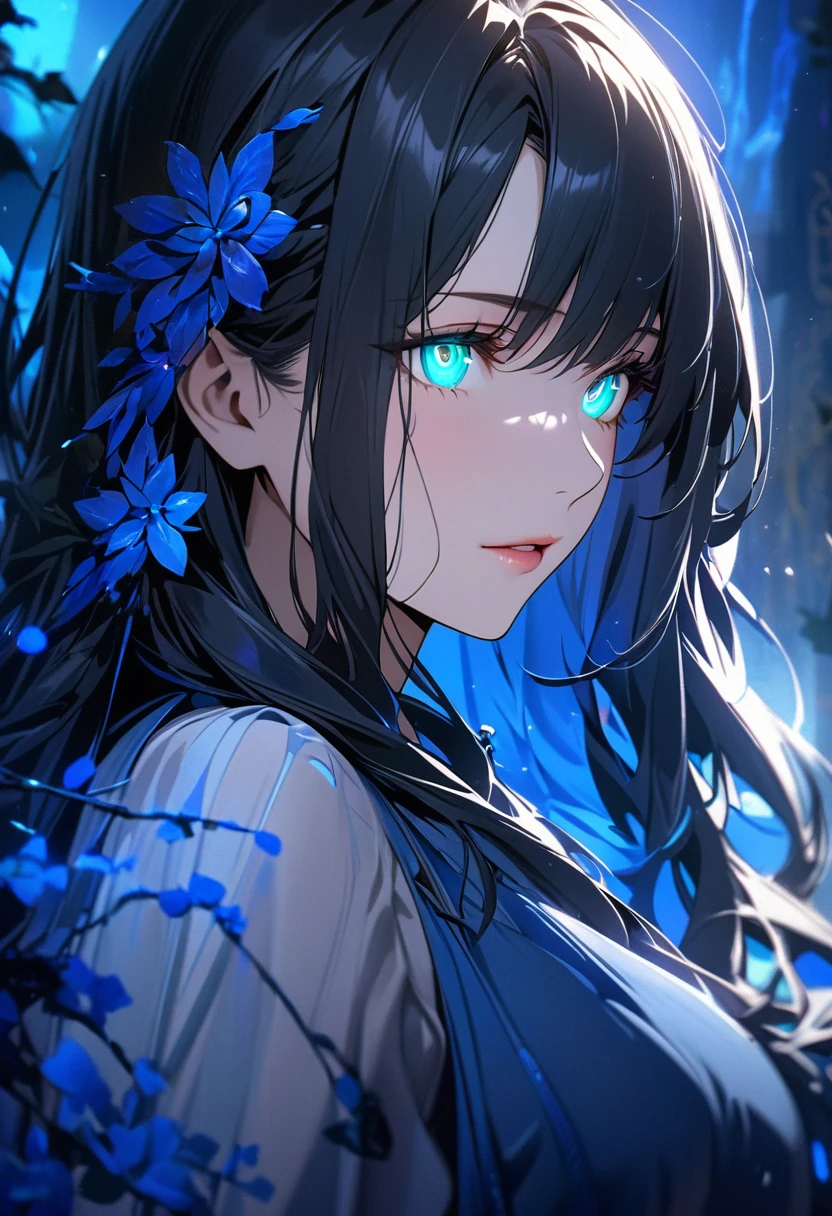 art wallpaper 4k, , detailed , beautiful woman, mature, black hair, blue aura, pretty, beautiful color, girl, black hair, long hair, green eyes, ,blue hair ornament pretty, blue dress, ,beautiful eyes, mature, super detail, beautiful color, glowing eyes, macro picture, blue aura, smooth hair, adult