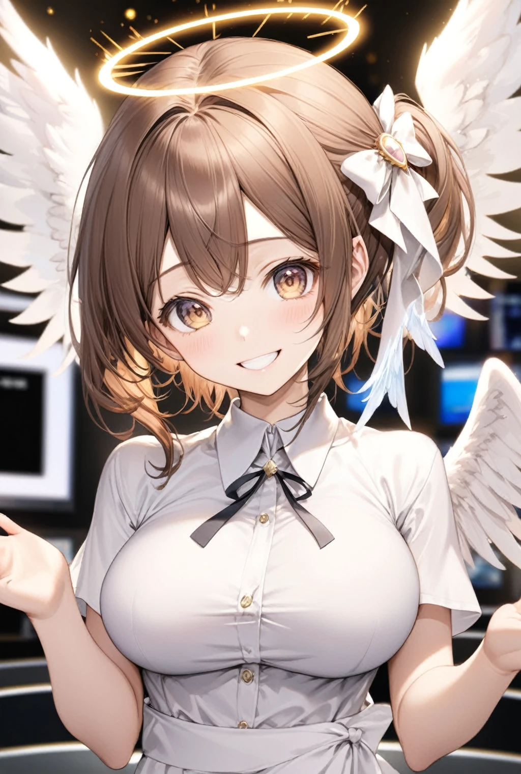 (Highest quality, 8k, 32K, masterpiece, Ultra-high resolution,:1.2),to be born, One Girl,So cute , Fantasy background like a news studio, clear, Shining Eyes, Age 25 ,Fair skin, Brown Hair Girl, , Slanted Eyes, , An innocent smile, Grinning short hair, Large Breasts, announcer, news caster, Long Hair, ponytail, Angel Wings, Angel Halo