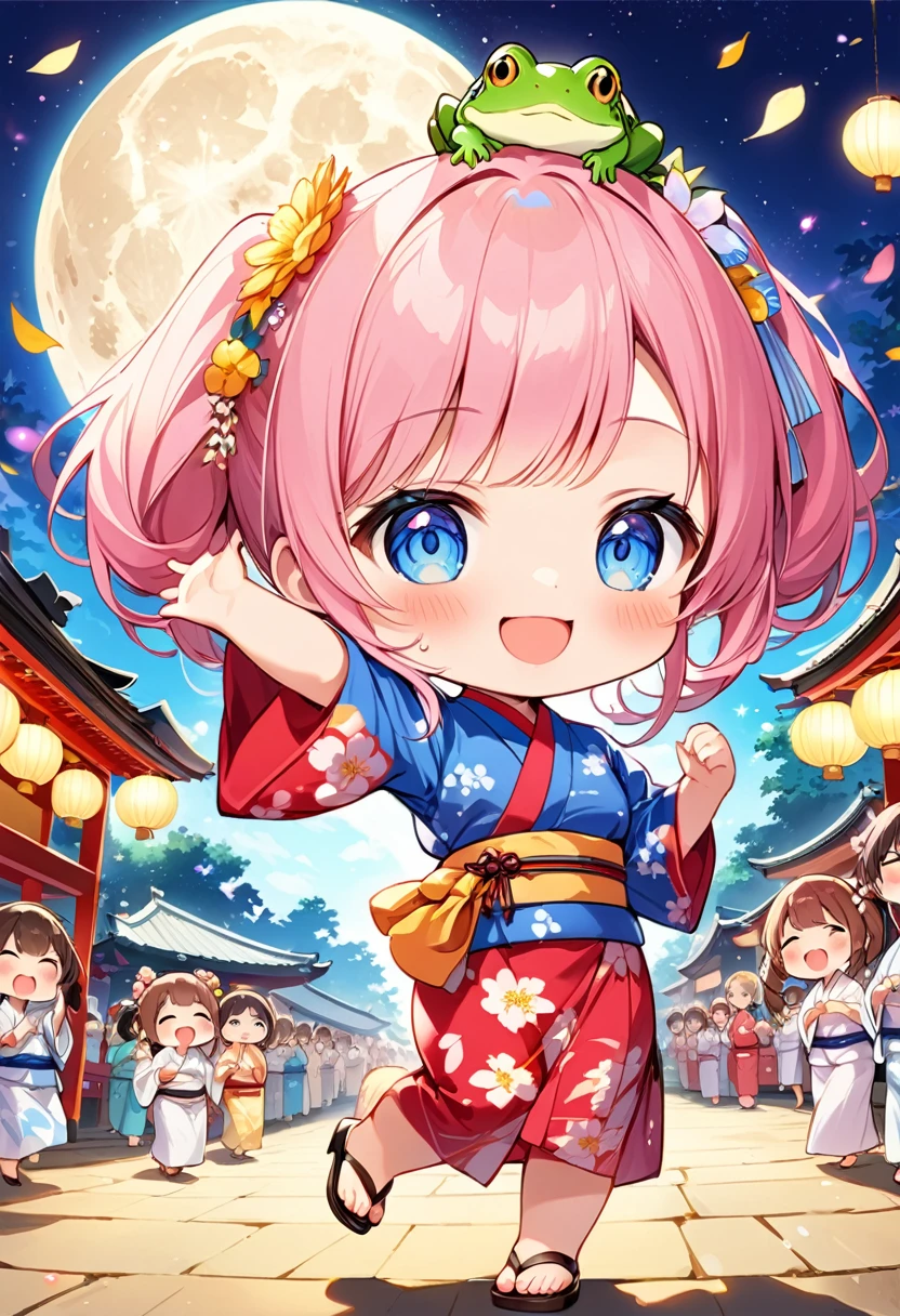 Highest quality、High resolution、Detailed Background、Beautiful face in every detail、Anatomically correct、Detailed facial expressions、fine grain、((full body, from below:1.8, side shot)), break　((One Girl:1.2)、(Chibi Girl:1.2))、Cute hair color、Big beautiful blue eyes、Fuller lips、Pink Lips、Braided twin tails、Ahoge、(Dancing at the Bon Odori festival in the summer:1.2)、(Cute Yukata、Cute sandals)、break　((Place one arm above your head:1.2、Stretch one arm horizontally to the side:1.2、(Looks like a lot of fun、Smiling loudly:1.2、Sweat、Holding a frog on his head))、break　(The background is a shrine at night、Bon Odori Contest、Many people in yukata dance in a line、full moon)