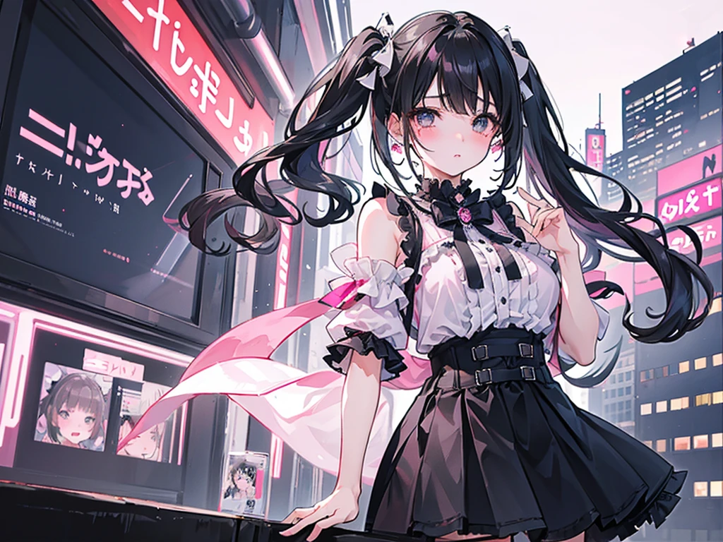 (8k、Best image quality、Highest quality、masterpiece)、Detailed face、One Girl、Black Hair、((Twin tails))、Blunt bangs、short hair、Wavy Hair、Grey Eyes、Earrings、、I have Strong Zero,Crying face_Pull、Moderate bust、((Pink clothes))、Frills、Black Ribbon、Black mini skirt、Frills、jirai kei attire、Cowboy Shot、Shinjuku at night、sleep、Bra is visible