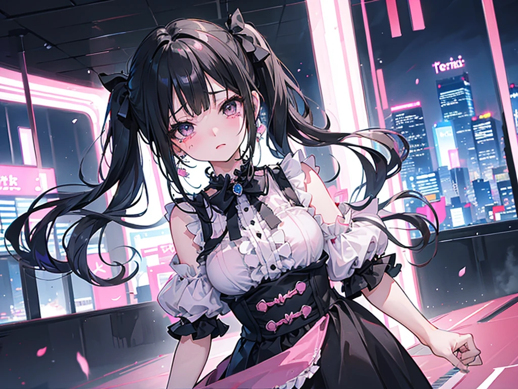 (8k、Best image quality、Highest quality、masterpiece)、Detailed face、One Girl、Black Hair、((Twin tails))、Blunt bangs、short hair、Wavy Hair、Grey Eyes、Earrings、、I have Strong Zero,Crying face_Pull、Moderate bust、((Pink clothes))、Frills、Black Ribbon、Black mini skirt、Frills、jirai kei attire、Cowboy Shot、Shinjuku at night、sleep、Bra is visible