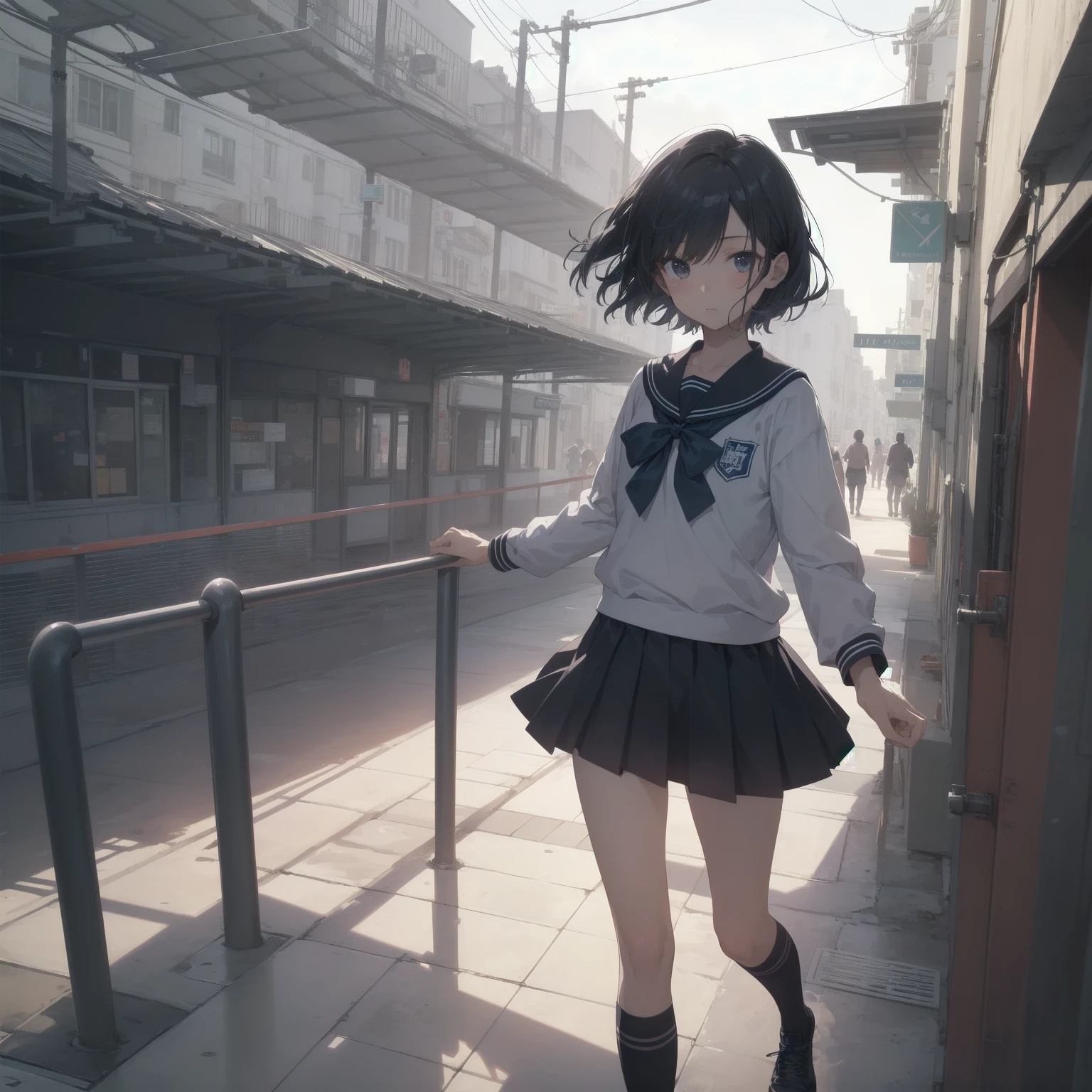 ultra-absurdres-Top quality by artist God, ultra-detailed, high resolution, anime moe artstyle, best anime 8k konachan wallpaper, pixiv contest winner, pool:2810, perfect anatomy,break, 1girl, (Please draw a girl walking sleepily to school alone. )break,(Solo,little female, 13-year-old:1.3),Full limbs, complete fingers,a junior high school student, (very short hair), short cut, flat chest, , small butt, small black eyes, beautiful detailed eyes, well-proportioned iris and pupils, expressive eyes, highres detailed hair, soft expression, salor school_uniform, sailor collar, serahuku, bow, pleated skirt,(Detailed Lighting), (Detailed background), in the School commute route. break,super detailed skin, Best cinematic lighting powered by famous artist, 8k,beauty illustration,photoshop_(medium),very aesthetic,break,((artist:nekotoufu )), artist:clamp ,artist:carnelian ,artist:kantoku ,