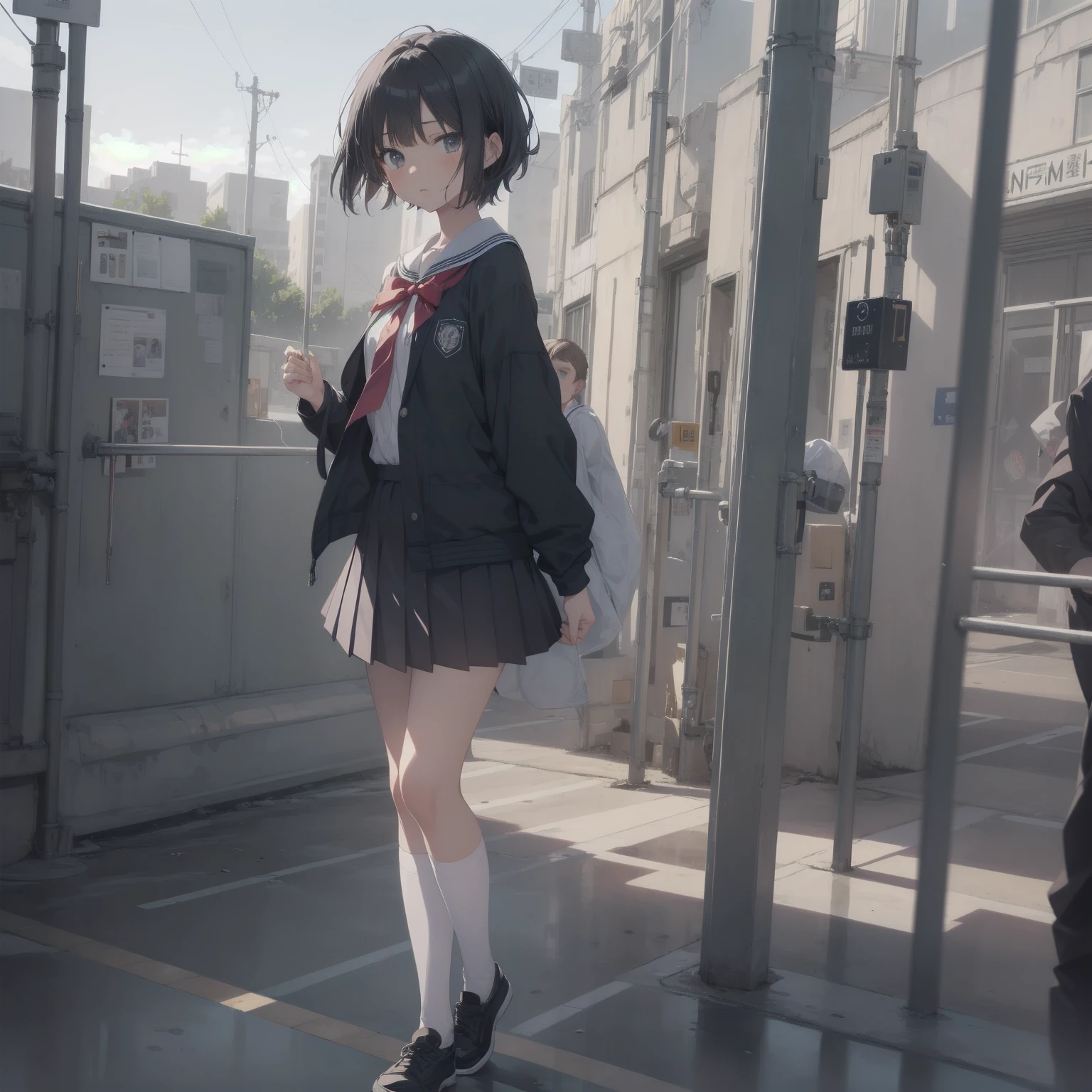 ultra-absurdres-Top quality by artist God, ultra-detailed, high resolution, anime moe artstyle, best anime 8k konachan wallpaper, pixiv contest winner, pool:2810, perfect anatomy,break, 1girl, (Please draw a girl walking sleepily to school alone. )break,(Solo,little female, 13-year-old:1.3),Full limbs, complete fingers,a junior high school student, (very short hair), short cut, flat chest, , small butt, small black eyes, beautiful detailed eyes, well-proportioned iris and pupils, expressive eyes, highres detailed hair, soft expression, salor school_uniform, sailor collar, serahuku, bow, pleated skirt,(Detailed Lighting), (Detailed background), in the School commute route. break,super detailed skin, Best cinematic lighting powered by famous artist, 8k,beauty illustration,photoshop_(medium),very aesthetic,break,((artist:nekotoufu )), artist:clamp ,artist:carnelian ,artist:kantoku ,