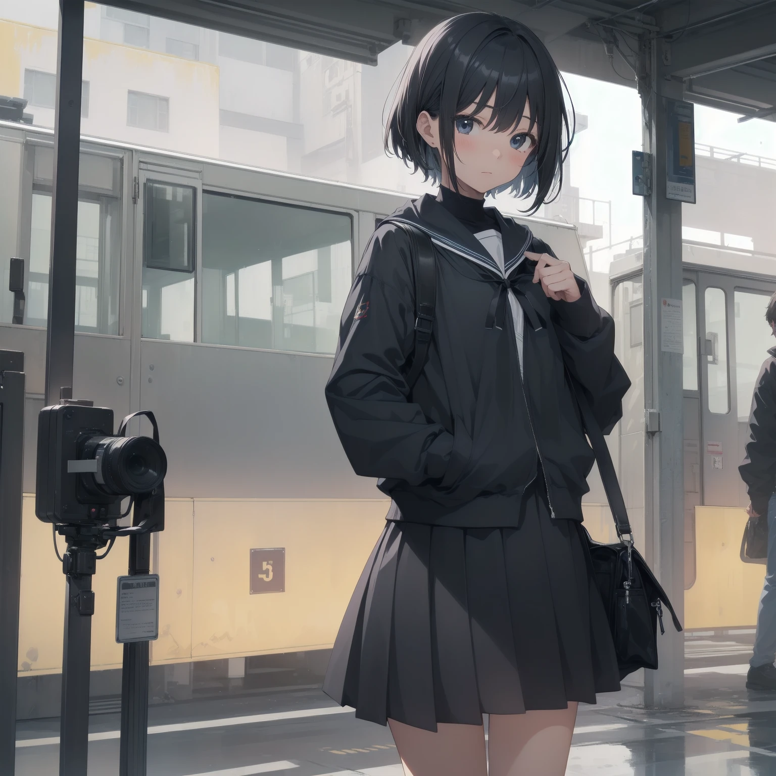 ultra-absurdres-Top quality by artist God, ultra-detailed, high resolution, anime moe artstyle, best anime 8k konachan wallpaper, pixiv contest winner, pool:2810, perfect anatomy,break, 1girl, (Please draw a girl walking sleepily to school alone. )break,(Solo,little female, 13-year-old:1.3),Full limbs, complete fingers,a junior high school student, (very short hair), short cut, flat chest, , small butt, small black eyes, beautiful detailed eyes, well-proportioned iris and pupils, expressive eyes, highres detailed hair, soft expression, salor school_uniform, sailor collar, serahuku, bow, pleated skirt,(Detailed Lighting), (Detailed background), in the School commute route. break,super detailed skin, Best cinematic lighting powered by famous artist, 8k,beauty illustration,photoshop_(medium),very aesthetic,break,((artist:nekotoufu )), artist:clamp ,artist:carnelian ,artist:kantoku ,
