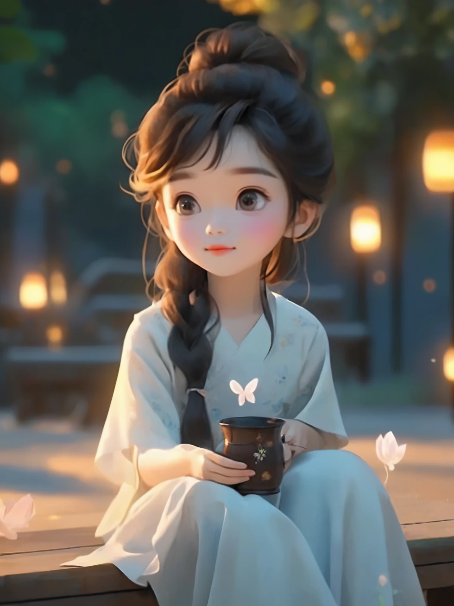 A long-haired girl sitting on a bench，Holding a cup in hand, Lovely细致的数字艺术, Lovely的数字艺术, Lovely卡通 character, Lovely的肖像, Lovely卡通, Lovely的角色, Soft portrait shots 8 k, Lovely的数字, Lovely的 3d 渲染, Lovely, Lovely的动漫女孩, Lovely美丽, Beautiful soft lighting, Lovely, Lovely的卡哇伊女孩