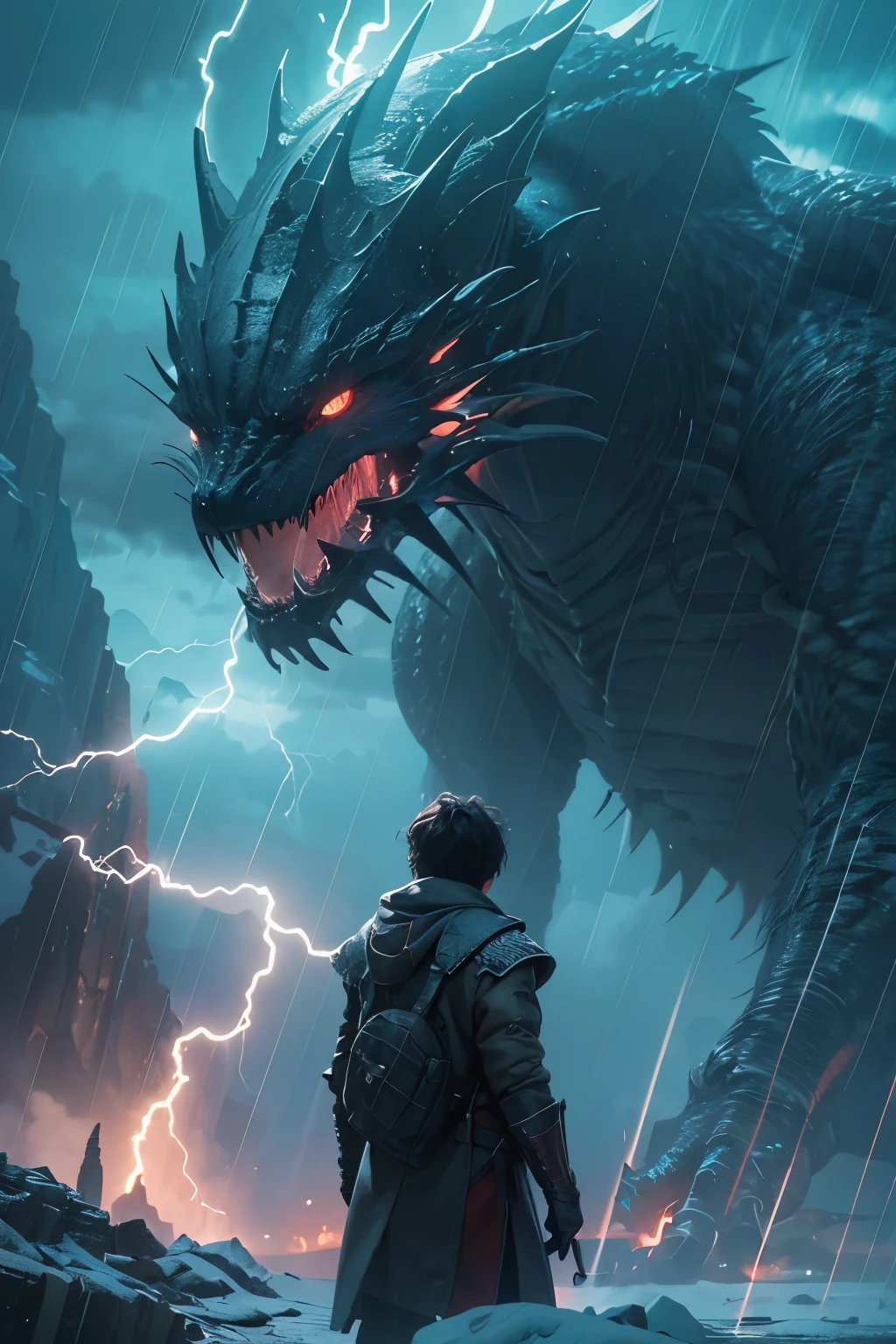 A very detailed painting, ice world, Depicts a man have a weapon on a hill gazing at a giant alien monster lightning rain breath, author:Shinkai Makoto, By Art Jem, From Wlop, author:Greg Rutkowski, Volumetric Lighting, Octane Rendering, 4K resolution, Popular on artstation, masterpiece ,flame magic
