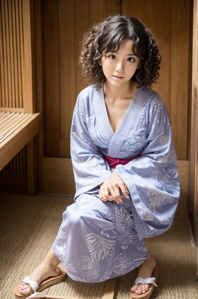 whole body　Curly Hair　Beauty　RAW　photograph　yukata　Real　geta　Whitening　older sister　looking at the camera　Beautiful feet　tall　beautiful　Pitiful