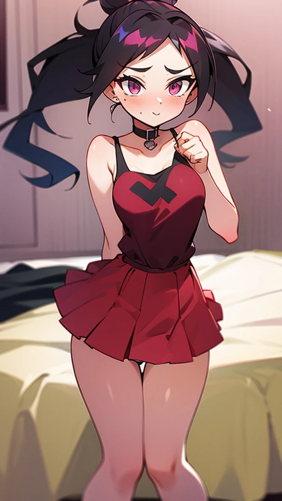 High tail hairstyle, Ponytail hairstyle, Long wavy black hair, standing posing, anime girl style, pixel art anime style,penetrating look with deep eyes,red and purple eyes, hair with a ponytail hairstyle trapped with a big red bun, women, red hair clips, x color shaped hair clips , smiling face blush, next to his bed, Skirt, tank top, Black hair, big thighs, NSFW, Skirt fluttering in the wind, perfect panty, look down, camera looking from bottom to top, viento levantando su Skirt haciendo que se le vea el panty, hands in fist behind her, viento moviendo su Skirt, 