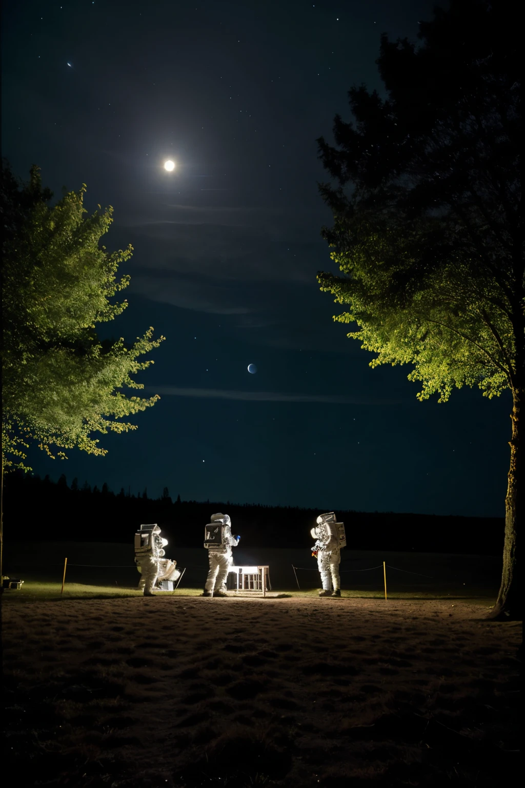 ((Best quality)), ((masterpiece)), (detailed), moonlight landscape, scientific station, three people in spacesuits working outside. The blue Earth is visible far in the sky. The sun is not visible in the frame!!! There are no trees, dark sky!