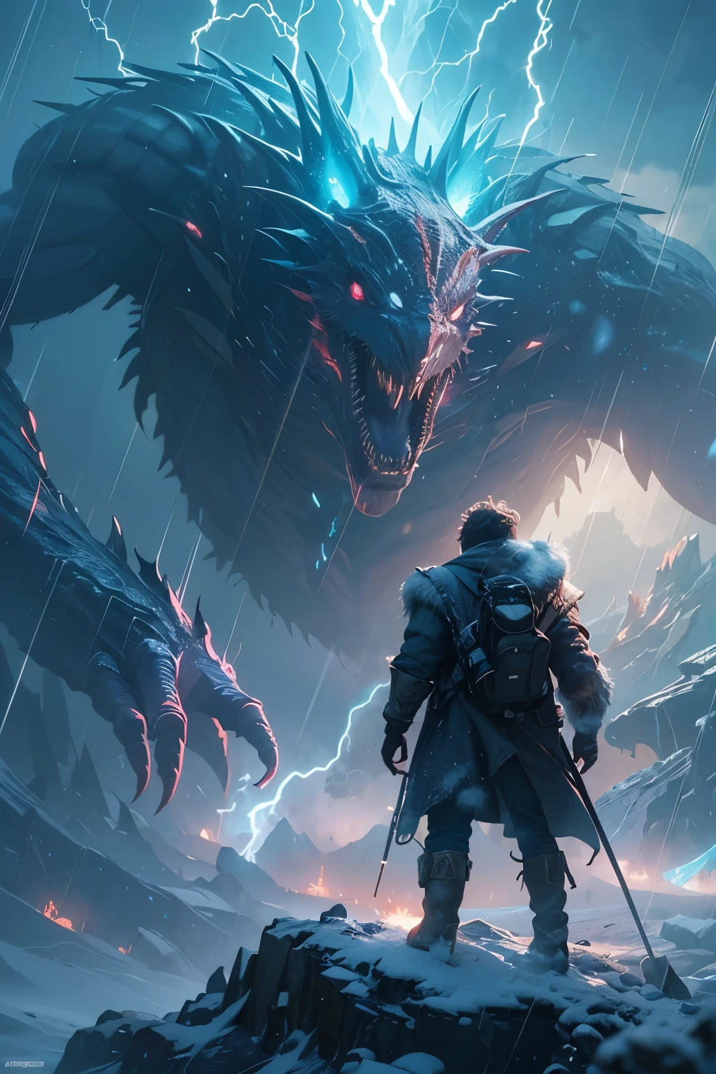 A very detailed painting， ice world, Depicts a man　have a weapon on a hill gazing at a giant alien monster lightning rain breath, author：Shinkai Makoto, By Art Jem, From Wlop, author：Greg Rutkowski, Volumetric Lighting, Octane Rendering, 4K resolution, Popular on artstation, masterpiece ,flame magic