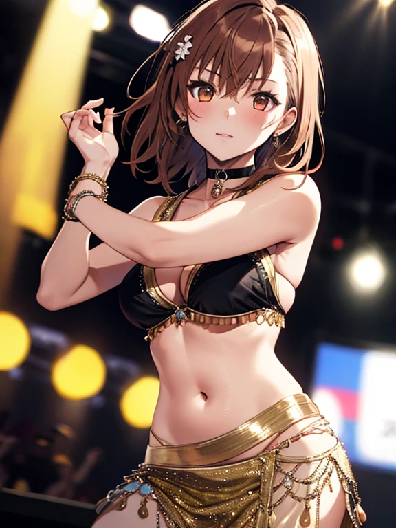 Belly dance:1.5, (Dancer:1.5), Misaka Mikoto, One girl, Black choker, 超High resolution, retina, masterpiece, Accurate, Anatomically correct, Textured skin, Super Detail, Attention to detail, high quality, 最high quality, High resolution, 4K