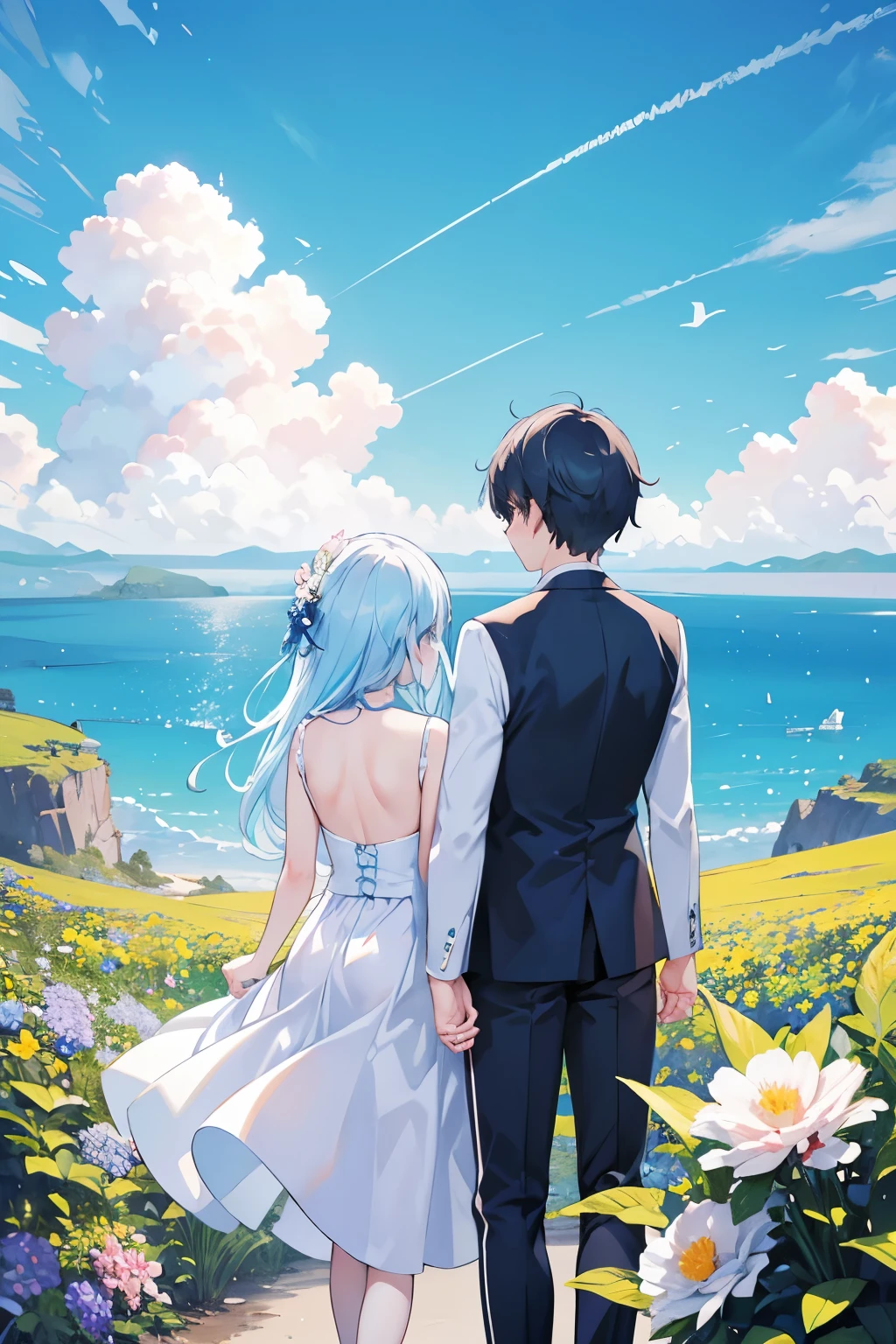 Back view, Overlooking, Ultra Wide Angle, Aperture F2.8, blue sky Male and female couple flower
