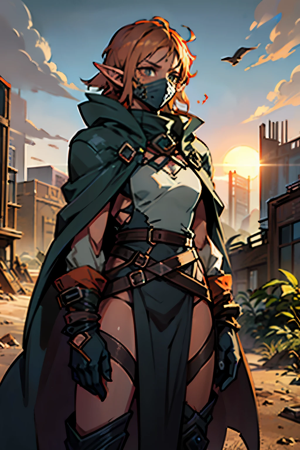 A cloaked elf runner in desert gear, standing atop a crumbling skyscraper, with the wind whipping sand around. The high-tech mask glows faintly as the elf surveys a city buried in dunes, where broken glass and rusted metal structures poke through the sands. The tattered cloak blends into the dusty, sun-scorched environment, creating a haunting silhouette against the desolate horizon.