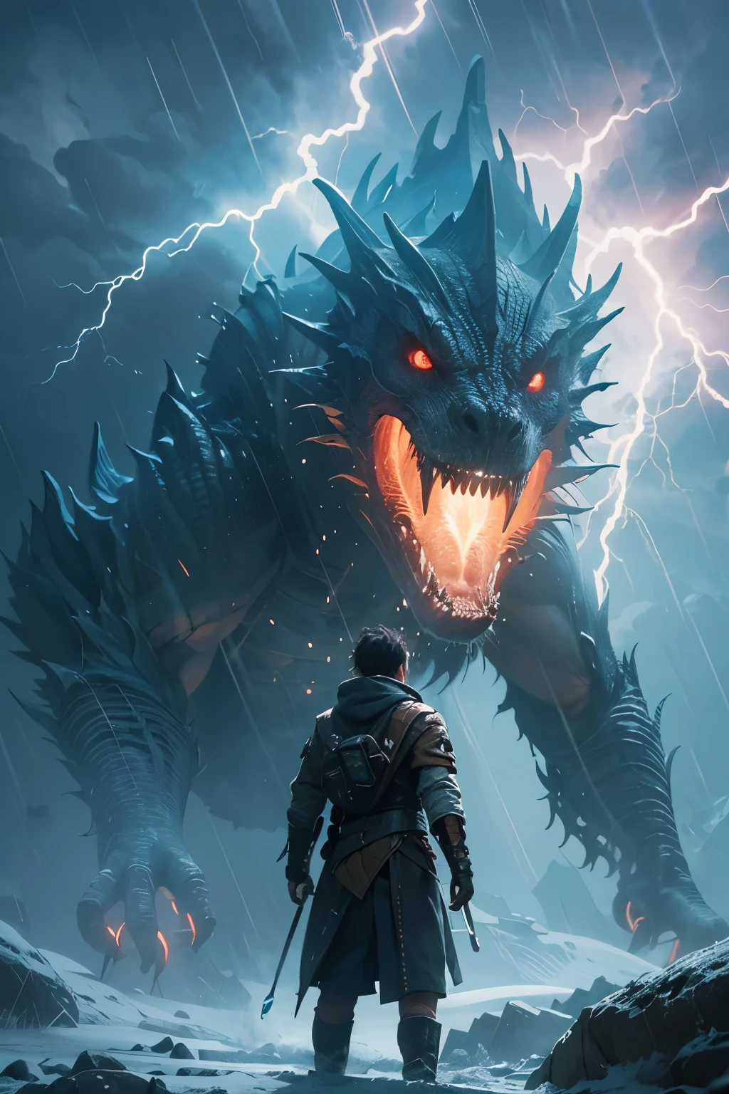 A very detailed painting, ice world, Depicts a man have a weapon on a hill gazing at a giant alien monster lightning rain breath, author:Shinkai Makoto, By Art Jem, From Wlop, author:Greg Rutkowski, Volumetric Lighting, Octane Rendering, 4K resolution, Popular on artstation, masterpiece ,flame magic