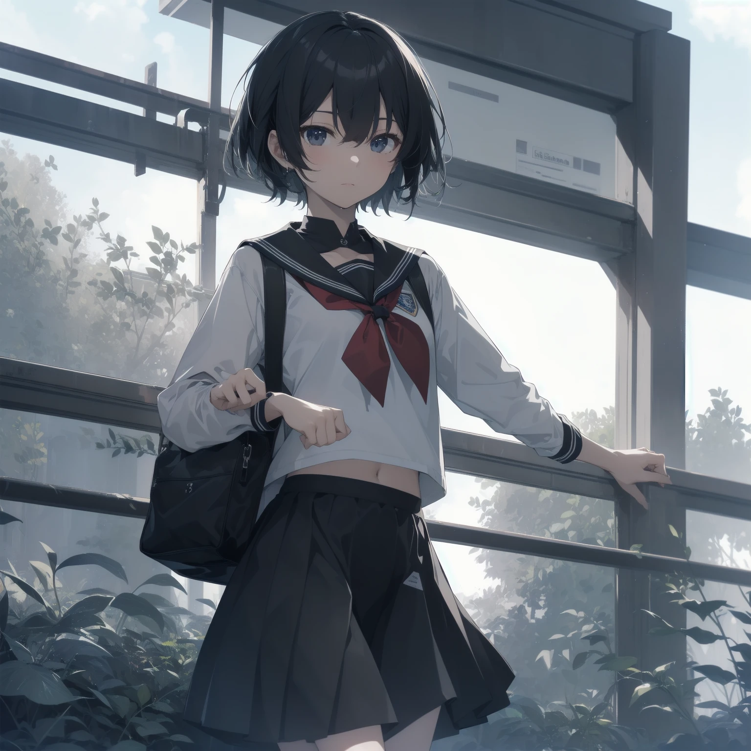 ultra-absurdres-Top quality by artist God, ultra-detailed, high resolution, anime moe artstyle, best anime 8k konachan wallpaper, pixiv contest winner, pool:2810, perfect anatomy,break, 1girl, (Please draw a girl walking sleepily to school alone. )break,(Solo,little female, 13-year-old:1.3),Full limbs, complete fingers,a junior high school student, (very short hair), short cut, flat chest, , small butt, small black eyes, beautiful detailed eyes, well-proportioned iris and pupils, expressive eyes, highres detailed hair, soft expression, salor school_uniform, sailor collar, serahuku, bow, pleated skirt,(Detailed Lighting), (Detailed background), in the School commute route. break,super detailed skin, Best cinematic lighting powered by famous artist, 8k,beauty illustration,photoshop_(medium),very aesthetic,break,((artist:nekotoufu )), artist:clamp ,artist:carnelian ,artist:kantoku ,