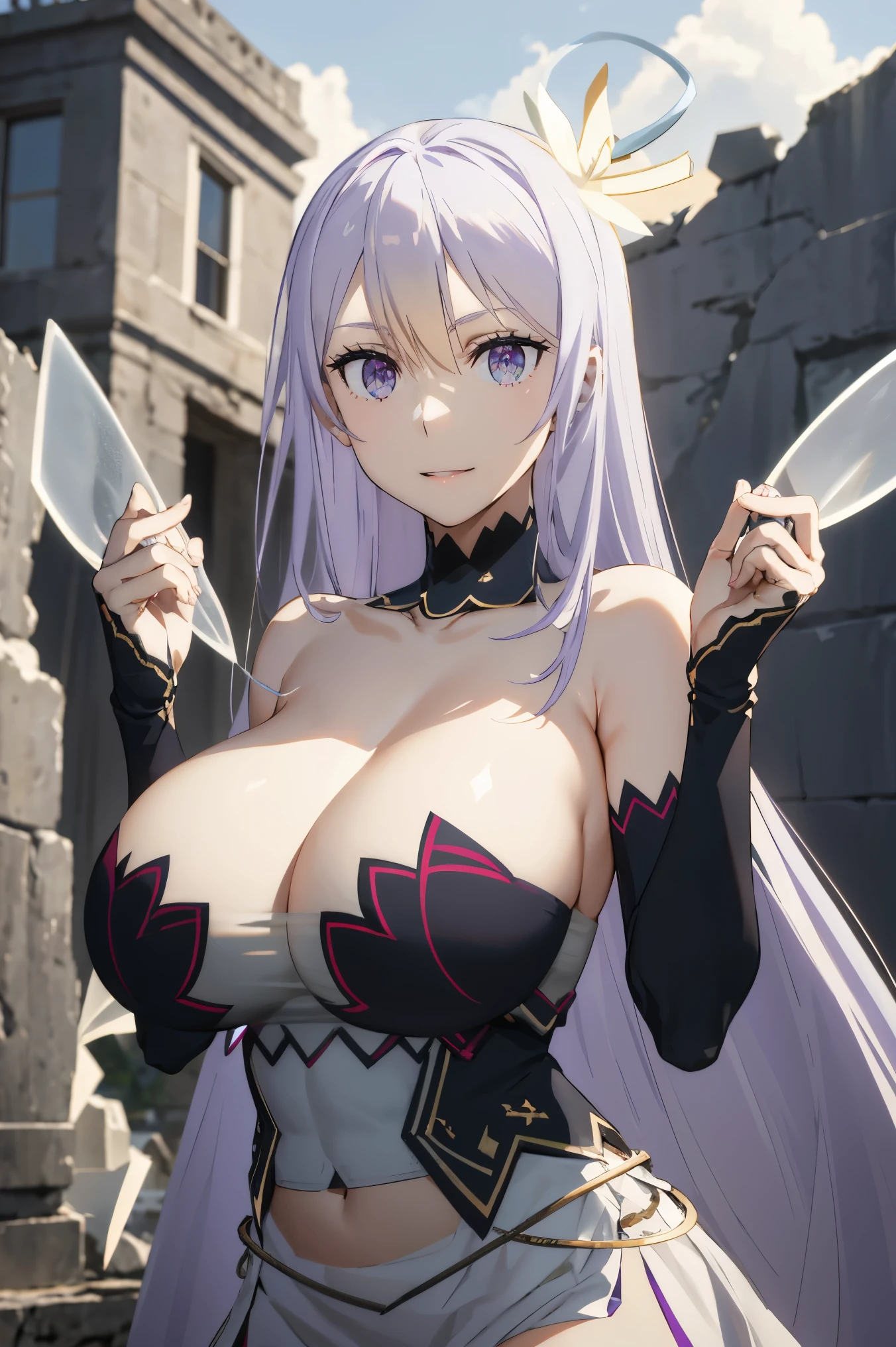 masterpiece, ((royal dressed)), ((wing)), halo, (best quality), (solo), 1girl, reona, silver hair, purple hair , (long skirt), long hair, hands up, hands on back headpurple eyes, sexy woman, hair between eyes, hair ornament, vibrant colors , natural lighting, RTX, (huge tits), (detailed face:1.2), (perfect eyes:1.1) ,(photorealistic:1.1), 8k uhd, looking a viewer, outdoors, simple backround, smile, (upper body), random pose, ((spreads legs), temple ruins, cleavage,short skirt,