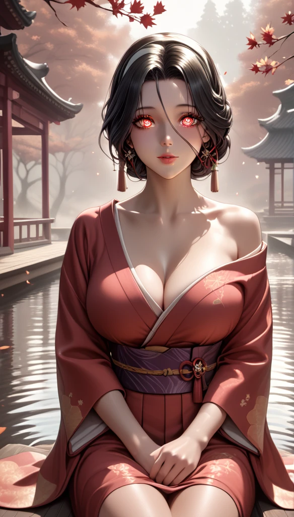 (asura art style:0.7), score_9, score_8_up, score_7_up, score_6_up, uncensored, princess peath black hair, sidelock, white hairband, red eyes, BREAK (masterpiece:1.2), best quality, high resolution, (detailed eyes:1.3), perfect lighting, (perfect hands, perfect anatomy), large breasts, One beautiful woman, kimono, bare shoulder, obi, Sitting, facing viewer, tori, blossoms, autumn, fog, hand support, 