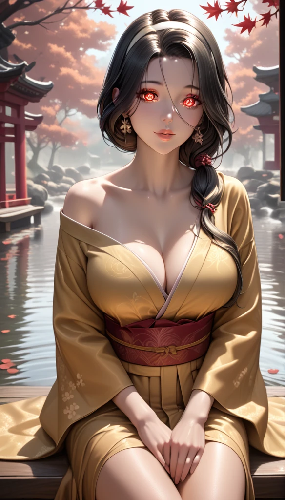 (asura art style:0.7), score_9, score_8_up, score_7_up, score_6_up, uncensored, princess peath black hair, sidelock, white hairband, red eyes, BREAK (masterpiece:1.2), best quality, high resolution, (detailed eyes:1.3), perfect lighting, (perfect hands, perfect anatomy), large breasts, One beautiful woman, kimono, bare shoulder, obi, Sitting, facing viewer, tori, blossoms, autumn, fog, hand support,