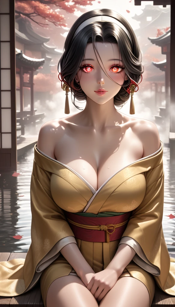 (asura art style:0.7), score_9, score_8_up, score_7_up, score_6_up, uncensored, princess peath black hair, sidelock, white hairband, red eyes, BREAK (masterpiece:1.2), best quality, high resolution, (detailed eyes:1.3), perfect lighting, (perfect hands, perfect anatomy), large breasts, One beautiful woman, kimono, bare shoulder, obi, Sitting, facing viewer, tori, blossoms, autumn, fog, hand support,