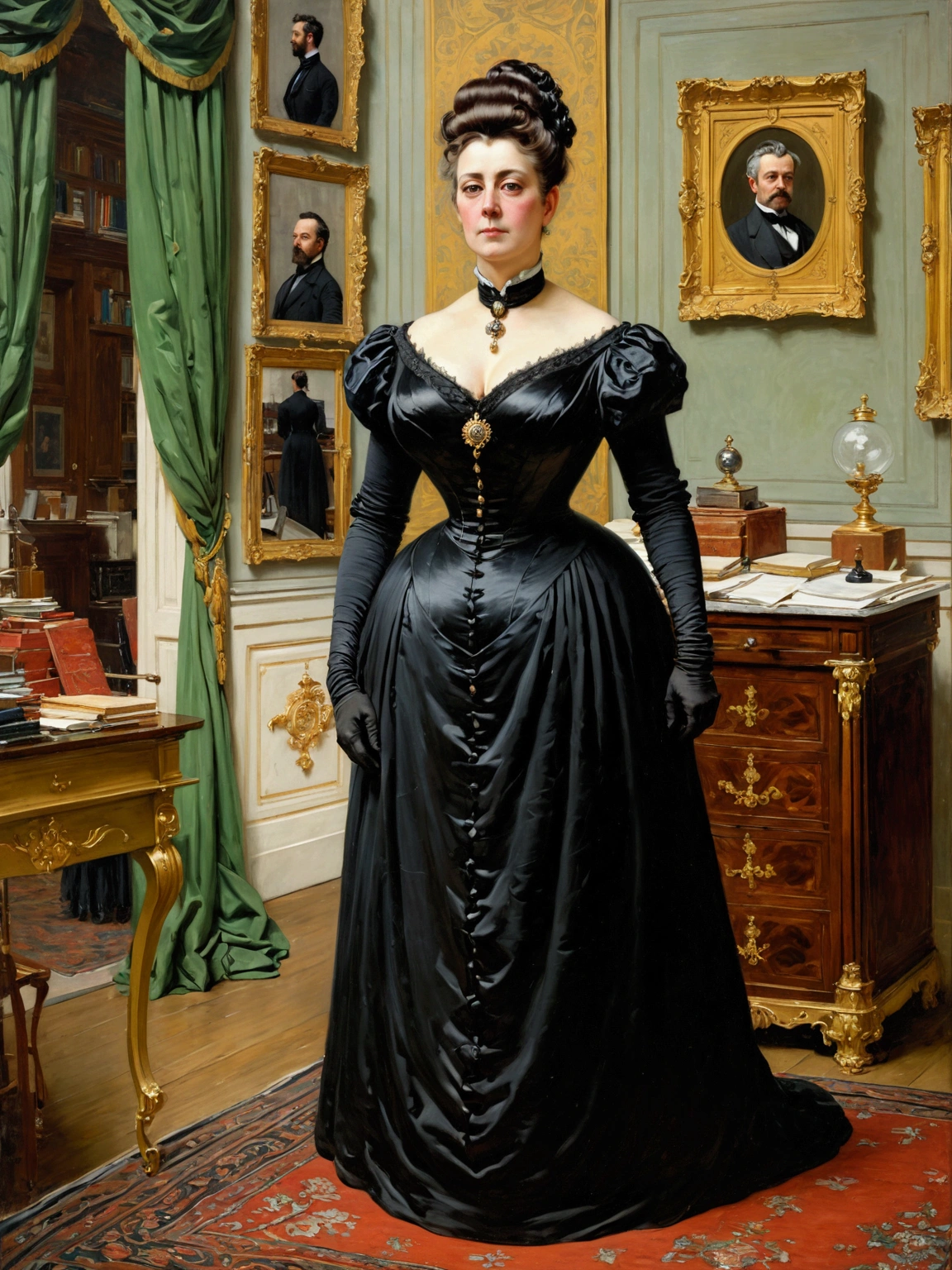 Full-length view, a tall, buxom, full-figured, pretty Victorian mature widow in a black dress and opulent updo hairstyle, standing in a Victorian office looking strict, by Jean Béraud, inspired by Jean Béraud, inspired by Édouard Detaille, edouard leon cortes, inspired by Ivan Kramskoi, inspired by Jean-Louis-Ernest Meissonier, by Édouard Detaille, inspired by Paul Émile Chabas