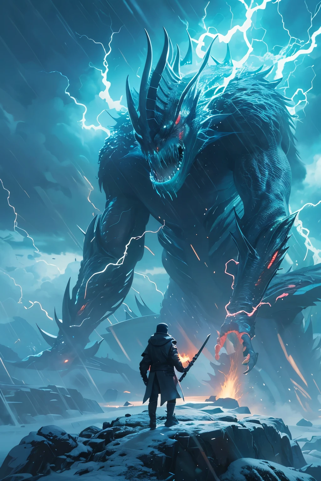 A very detailed painting, ice world, Depicts a man have a weapon on a hill gazing at a giant alien monster lightning rain breath, author:Shinkai Makoto, By Art Jem, From Wlop, author:Greg Rutkowski, Volumetric Lighting, Octane Rendering, 4K resolution, Popular on artstation, masterpiece ,flame magic
