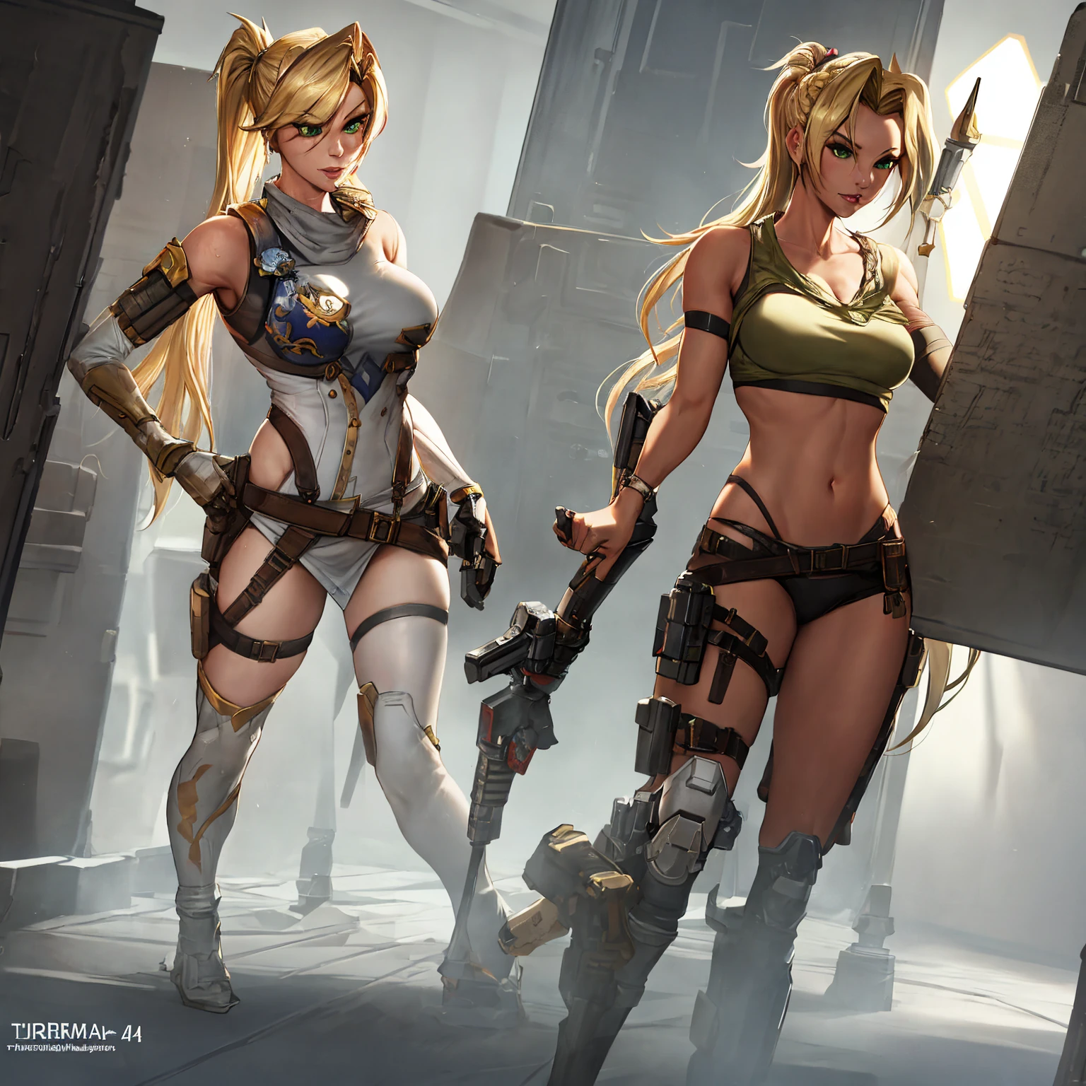 Highest quality, masterpiece, Eye Reflexes, Highest quality, masterpiece, mercy Eye Reflexes, alone, A perfectly sculpted body, blonde,Overwatch Mercy Style Hairstyle, Green Eyes, Two Arms, Tomb Raider style neckline clothing, Practical belt, alone, command room, 8k, masterpiece, High resolution, Absurd, Natural volumetric lighting and great shadows, Deep writing depth, Sharp focus, Mischievous face, very delicious, Medium chest, Warhammer 40K elements, Ultra-detailed landscapes, goddess  