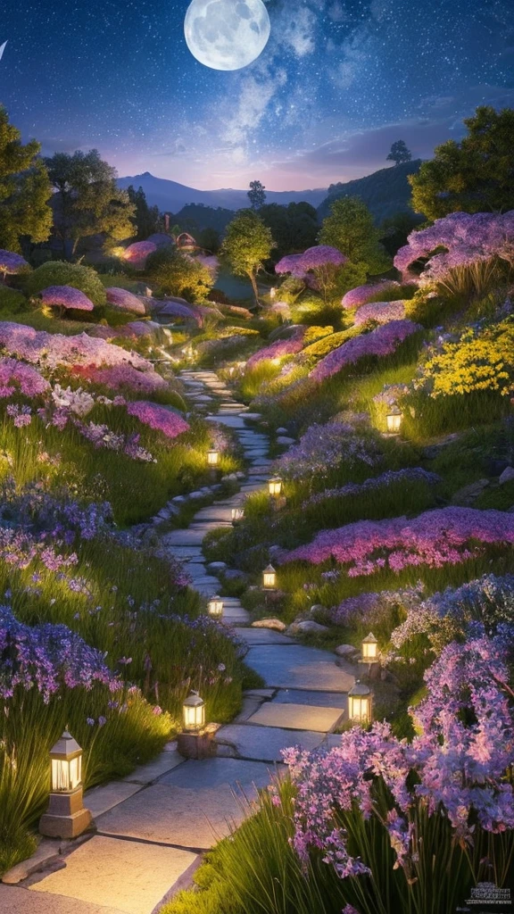 (masterpiece:1.4), (Highest quality:1.4), Fantasy, Extremely detailed, Complex, hyper detailed, figure,Soft lighting, (Highly detailed CG Unity 8k wallpaper), The most beautiful works of art in the world, "Create a cinematic, dreamy, and beautiful realistic depiction of a vast flower field under a starry night. The landscape is enveloped in the darkness of midnight, with a sky full of stars casting a soft glow over the expansive flower field. The flowers, in a myriad of colors, stretch out as far as the eye can see, illuminated subtly by the starlight. The flowers exhibit a unique luminescence, with shades of blue, purple, Japanese style,white, and silver glowing softly in the dark. The gentle rustling of the flowers in the night breeze adds to the serene atmosphere. A faintly lit path winds through the flower beds, leading to small ponds and fountains that shimmer under the moonlight. In the distance, a mystical moon and countless stars enhance the tranquil beauty of the scene. At the edge of the flower field, ancient stone arches and statues stand, evoking the presence of a long-lost civilization. The depiction should capture the interplay between the night's darkness and the flowers' ethereal glow, creating a mesmerizing and enchanting scene that blends reality and fantasy.masterpiece,best quality,ultra detailed