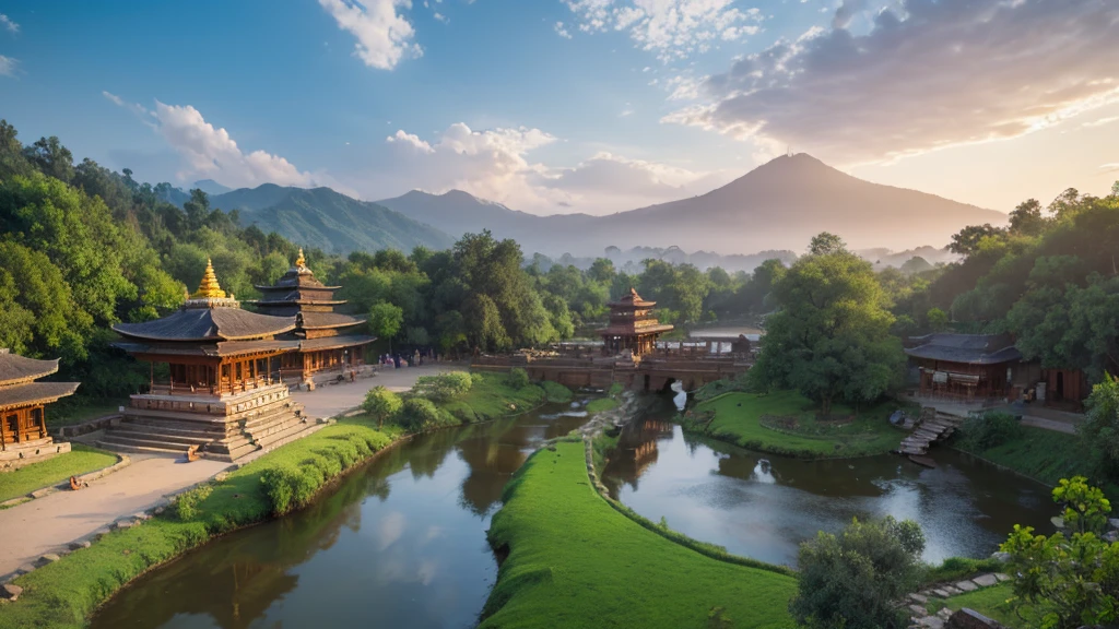 Natural beauty, Indian ancient village. The Stream. cloud, Temple. View from the air, mystical beauty, 8k