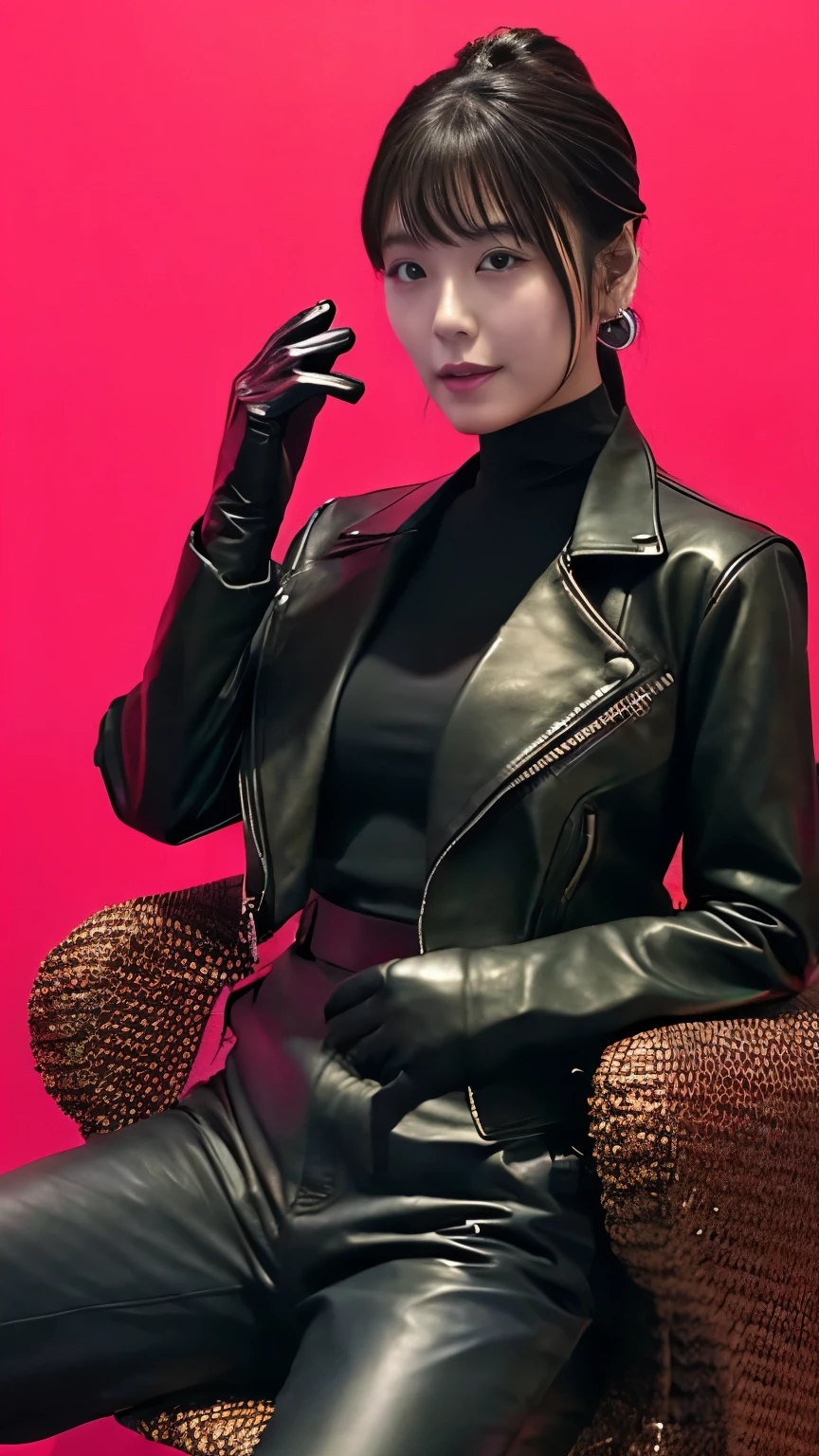 black leather rider jacket, Office in the Dark, Black leather gloved fingertips on both hands,Wearing black leather gloves,Sitting in a black leather chair、 Japanese female new recruits (Black leather gloves cover both hands) (The angle is horizontal)、Black Leather Pants,Black Leather Black Leather Pants,Black Leather Skinny Pants、Long black leather boots on both feet、Black hair ponytail ((He wears black leather gloves on his hands))Full Body Photo,full body shot full body full body leather suit,☺If you turn in this direction。Wearing black leather gloves,Wearing black leather gloves,Wearing black leather gloves,Wearing black leather gloves,Wearing black leather gloves,Wearing black leather gloves,黒のレザーパンツが美しい😍黒のレザーパンツが美しい😍黒のレザーパンツが美しい,😍Smiling while looking at me,City lights、((Neon Cyberpunk City Street:1.3))、(Neon Light)、Detailed lighting、
Best image quality、Ultra-high resolution、(realism:1.4)、Korean Beauty Star、The most beautiful KPOP stars、face、Horny Korean Makeup、A body that makes you want to touch it、Realistic leather texture、Costume made of smooth leather fabric、The drape of the curved parts of the leather fabric、The costume is very shiny、Quality of the costume、8K Photo Quality
