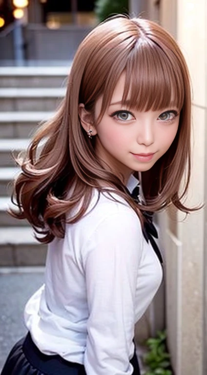 ((Tabletop, Highest quality, High resolution, Hmph, Pixel perfect, 4K, Hmph, Hmph))), One Girl, single, alone, Beauty、The whole body is visible、 ((Mid-wave hair, bangs, Brown Hair)), ((Brown eyes, Beautiful eyelashes, Realistic eyes)), ((Detailed face, blush:1.2)), ((Smooth texture:0.75, Realistic texture:0.65, Realistic:1.1, Anime CG style)), Medium chest, Dynamic Angle, Perfect body, ((Red bow tie, , , White shirt, Black Skirt, Checked skirt)), City stairs、Looking up from the bottom of the stairs、Very embarrassing panic smile, looked back、Leaning forward、(The wind blew up her skirt, exposing her buttocks....................、Touch your buttocks with both hands、Light blue lace panties)、
