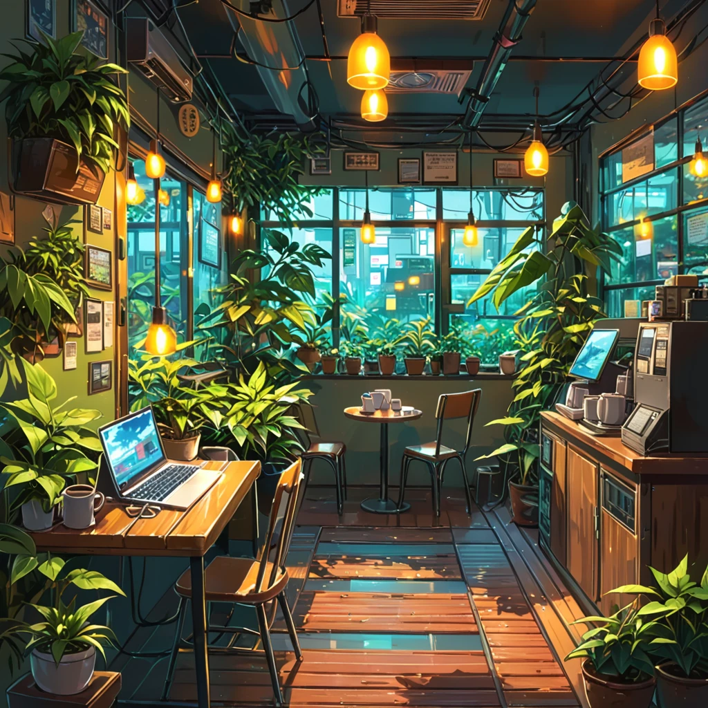 There was a room with lots of plants and a laptop., cozy coffee shop background, cafe, anime background art, relaxation concept art, praise artstyle, Lo-fi illustration style, praise art, coffee shop interior, Relaxed atmosphere, The atmosphere is comfortable and pleasant., cyberpunk lush leaves, coffee shop, praise feel, praise, Relaxing environment, Room full of plants 4k image size 19:6