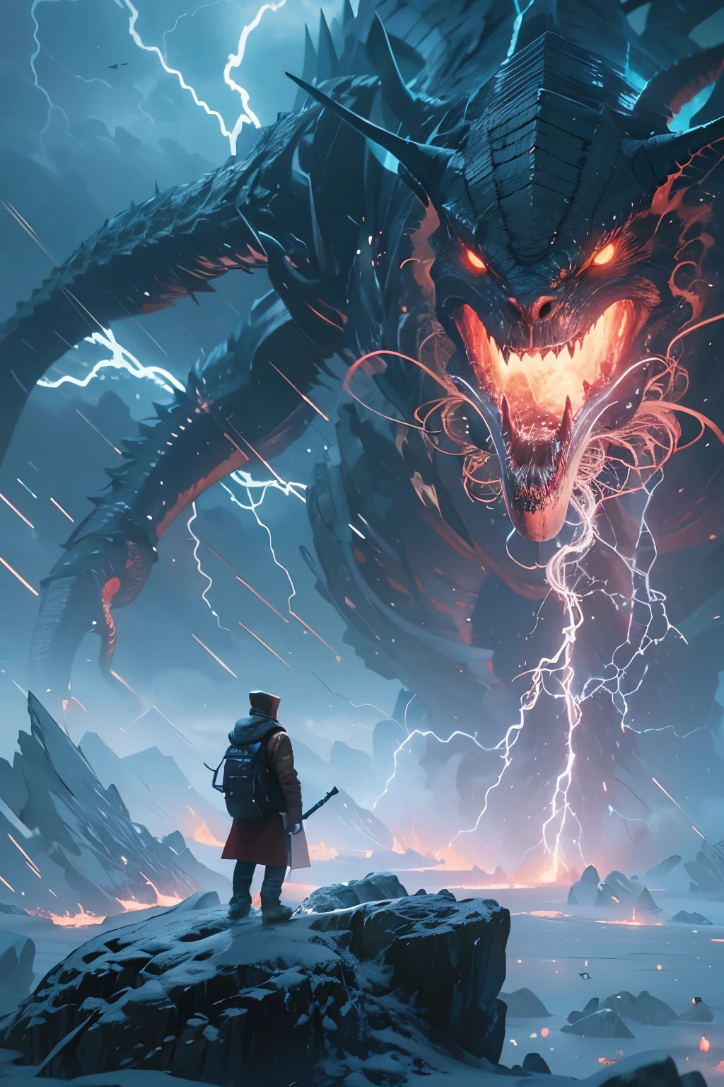 A very detailed painting, ice world, Depicts a man have a weapon on a hill gazing at a giant alien monster lightning rain breath, author:Shinkai Makoto, By Art Jem, From Wlop, author:Greg Rutkowski, Volumetric Lighting, Octane Rendering, 4K resolution, Popular on artstation, masterpiece ,flame magic