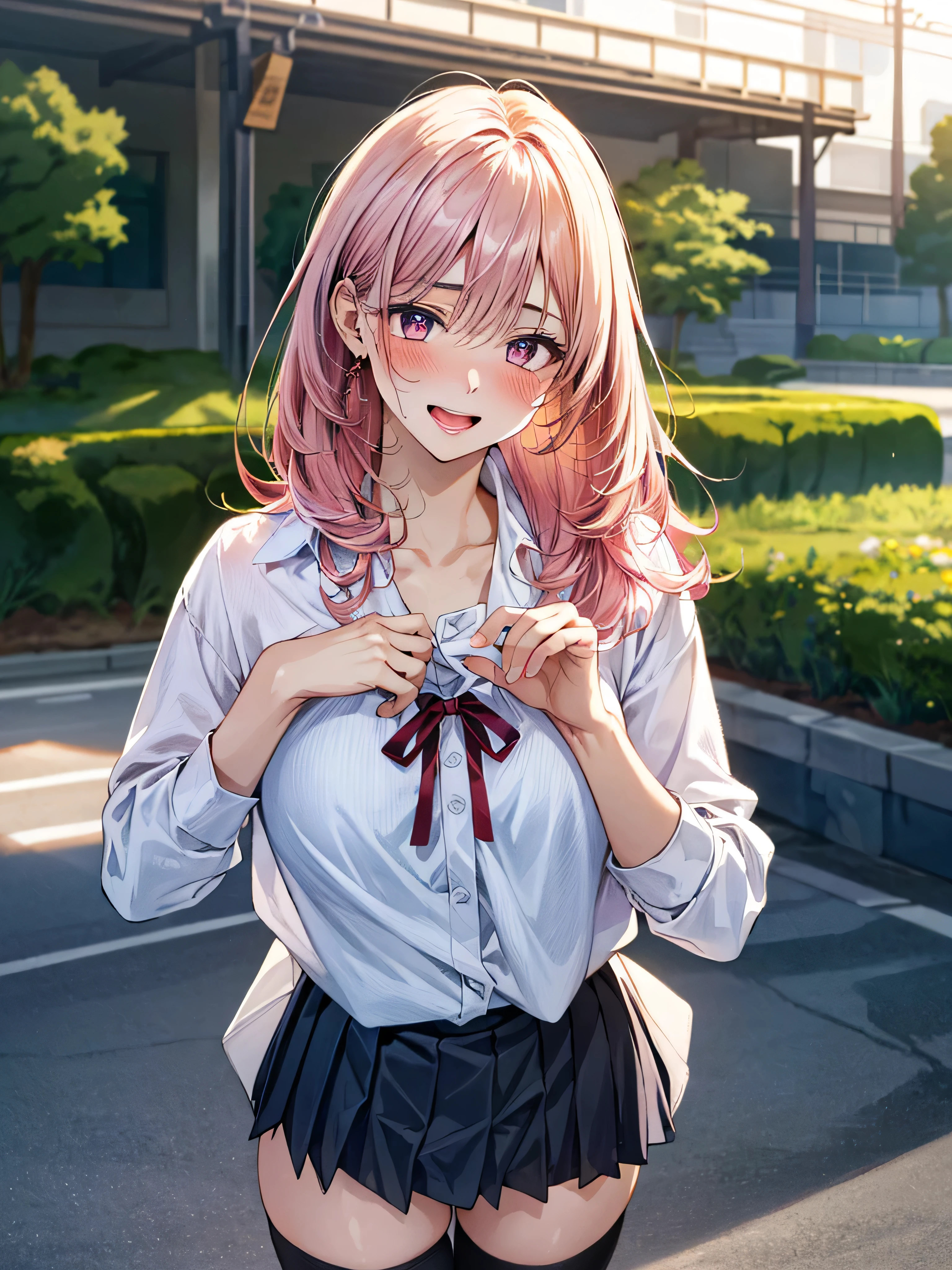 (masterpiece:1.3, top-quality, ultra high res, ultra detailed), (realistic, photorealistic:1.4), beautiful illustration, wearing knit sweater & miniskirt, (Flirtingly lifting her skirt to show her panties:1.3),perfect lighting, natural lighting, colorful, depth of fields, surrealism,  (embarrassed,blush:1.3),
beautiful detailed hair, beautiful detailed face, beautiful detailed eyes, beautiful clavicle, beautiful body, beautiful chest, beautiful thigh, beautiful legs, beautiful fingers, shiny skin, 
looking at viewer, 1 girl, japanese, high school girl, (perfect anatomy, anatomically correct, super detailed skin), cute and symmetrical face, babyface, perfect face, perfect eyes, 
(middle hair, two side up, pink hair), crossed bangs, purple eyes, drooping eyes, big eyes, long eyelashes, (large breasts, seductive thighs, skindentation), slender, outstanding style, 
((detailed cloth texture, white collared shirt, blue pleated skirt, dark red neck ribbon), black thigh-highs, loafer), 
(beautiful scenery), late afternoon,hands on chest, (lovely smile, upper eyes, open mouth small),