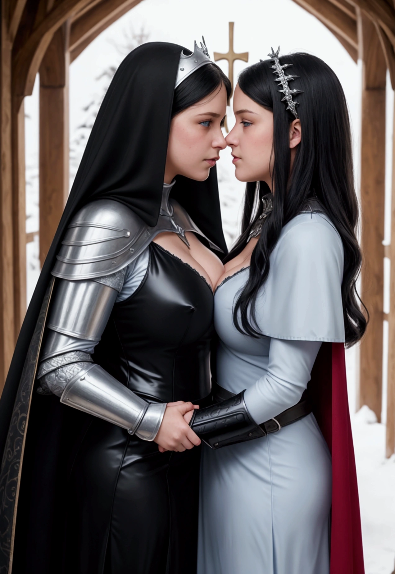 mother and daughter portrait break: mature woman, queens blade , middle age, black hair, detailed face,  curvy body, dresing with christian , cleavage, dress with cape. break: teen girl, queens blade , princess blade , 13 years old, teenager girl, small breasts, black hair, detailed face, beautiful, dress with cape, dresing with christian cross, confiant, background with snow, soft lesbians, soft kiss

