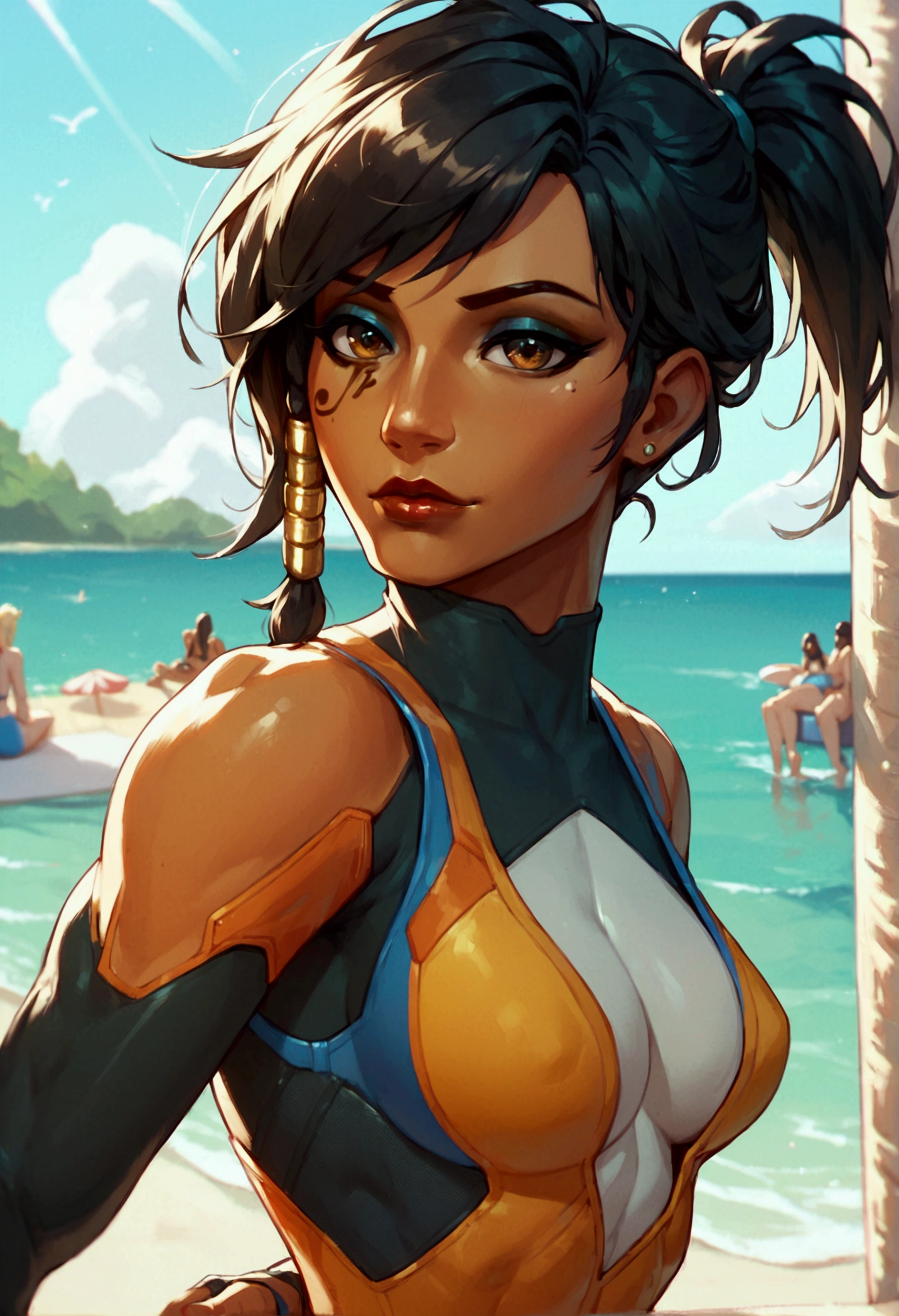 score_9, score_8_up, score_7_up, score_6_up, masterpiece, centered, pharah, overwatch, 1girl, beach background