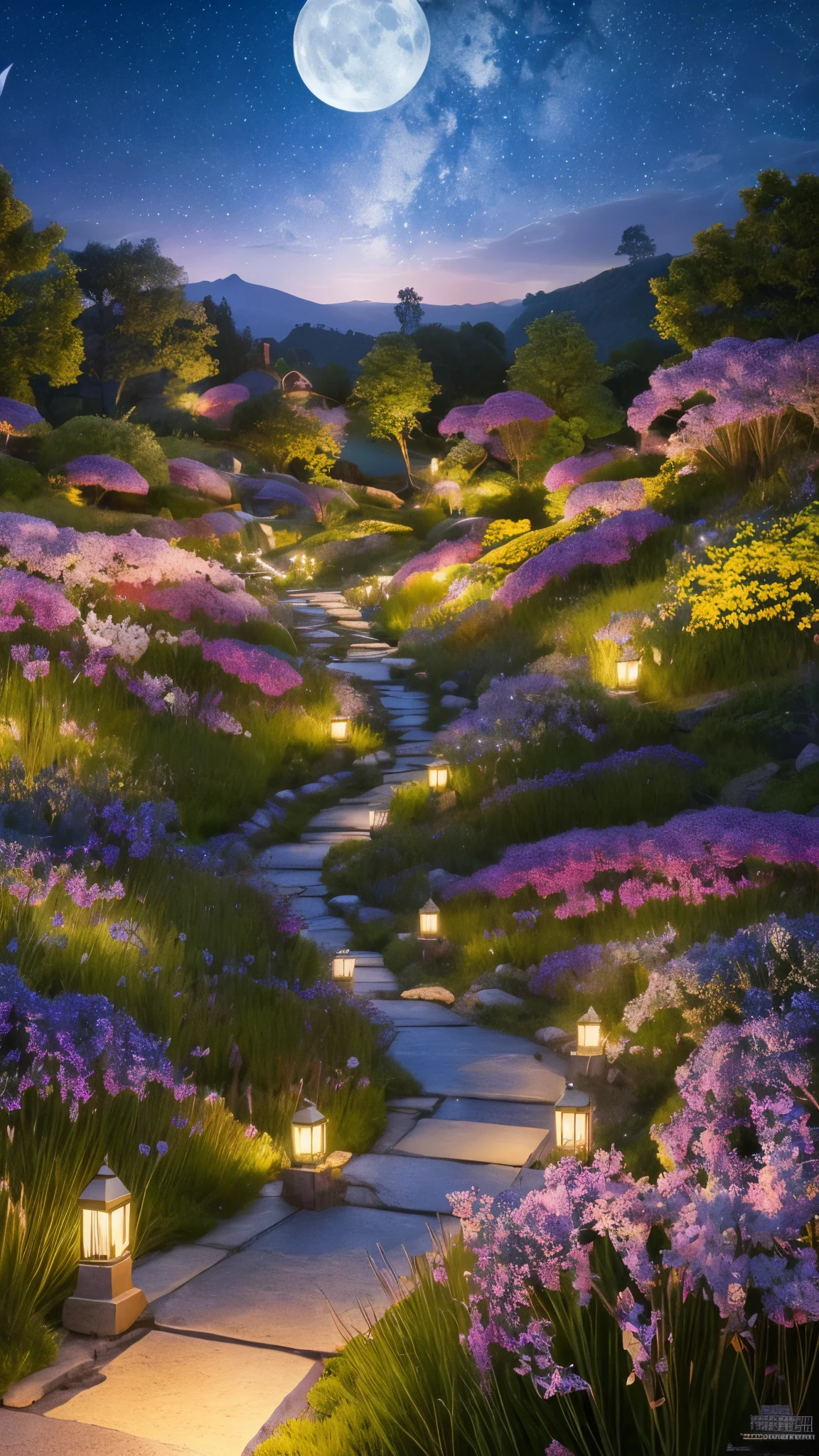 (masterpiece:1.4), (Highest quality:1.4), Fantasy, Extremely detailed, Complex, hyper detailed, figure,Soft lighting, (Highly detailed CG Unity 8k wallpaper), The most beautiful works of art in the world, "Create a cinematic, dreamy, and beautiful realistic depiction of a vast flower field under a starry night. The landscape is enveloped in the darkness of midnight, with a sky full of stars casting a soft glow over the expansive flower field. The flowers, in a myriad of colors, stretch out as far as the eye can see, illuminated subtly by the starlight. The flowers exhibit a unique luminescence, with shades of blue, purple, Japanese style,white, and silver glowing softly in the dark. The gentle rustling of the flowers in the night breeze adds to the serene atmosphere. A faintly lit path winds through the flower beds, leading to small ponds and fountains that shimmer under the moonlight. In the distance, a mystical moon and countless stars enhance the tranquil beauty of the scene. At the edge of the flower field, ancient stone arches and statues stand, evoking the presence of a long-lost civilization. The depiction should capture the interplay between the night's darkness and the flowers' ethereal glow, creating a mesmerizing and enchanting scene that blends reality and fantasy.masterpiece,best quality,ultra detailed