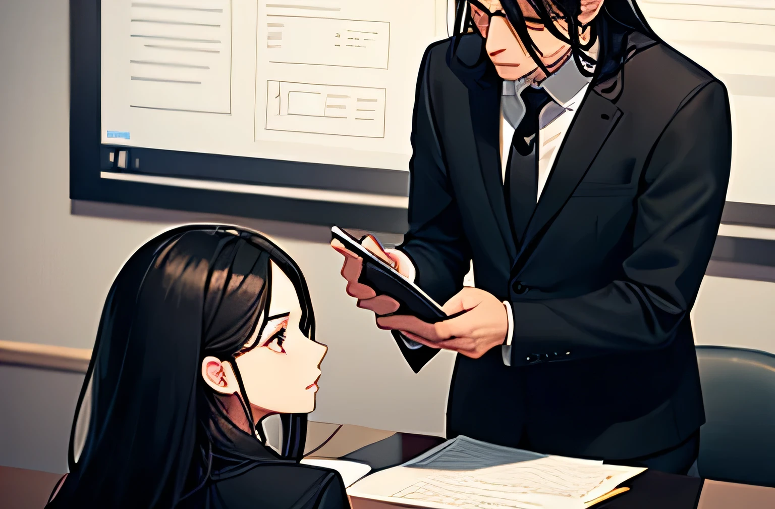 Long black haired woman and man,In a suit,conference room,Documents are being created,Being helped by a man,Eyes are expressed with the highest quality