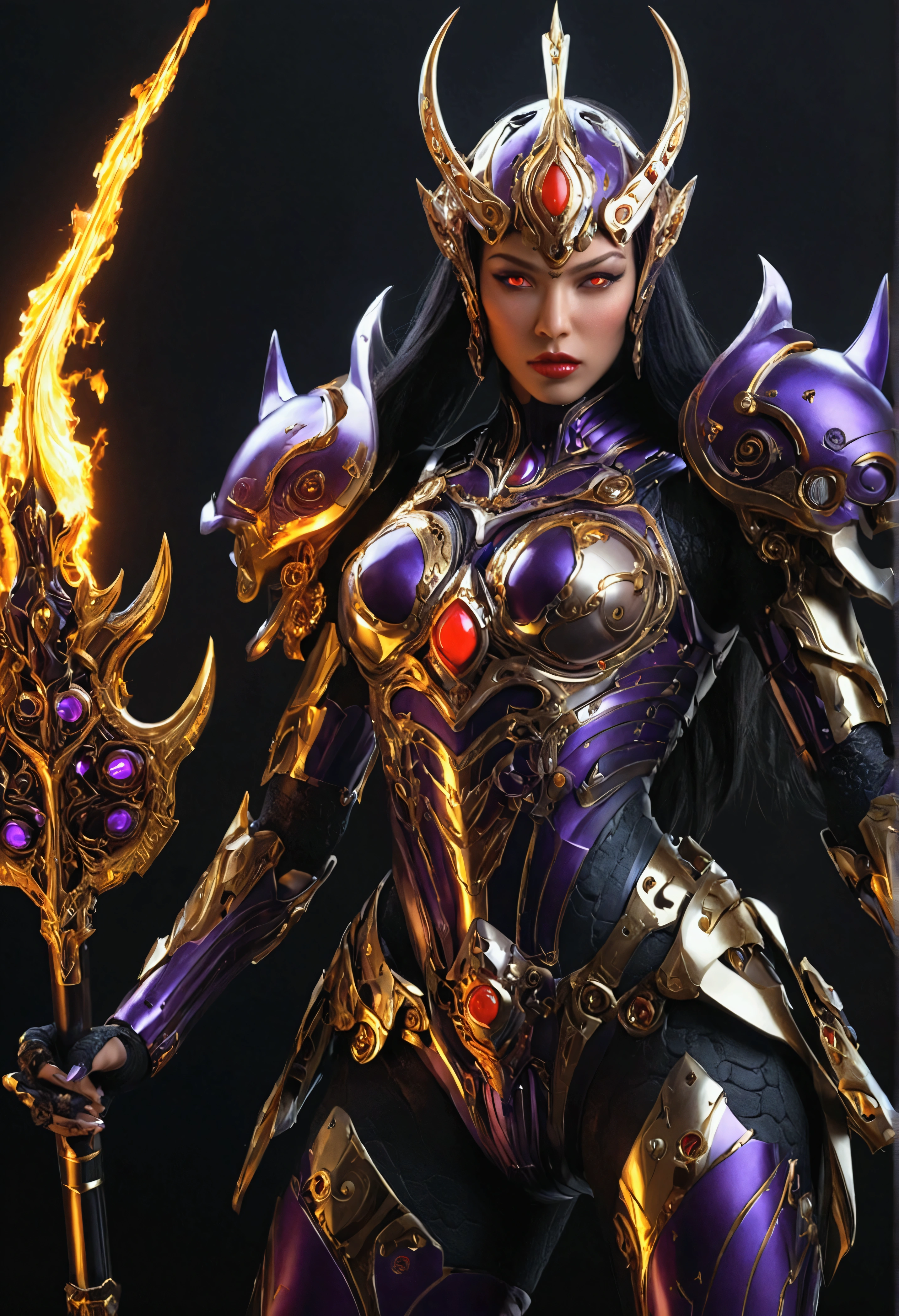 Hyper-realistic crazy mech, extremely beautiful full body Dark Assassin, goddess face girl, red lips like velvet, two red eyes like burning fire but charming, intricate design, sharp edges, large purple-gold flame weapon, Mega gold-platinum armor reflects intricate metallic details, dynamic pose of weapon on floor and black background. detailed matte painting, deep color, fantasy, intricate details, fierce war screen, unique color, fantasy concept art, 32k resolution