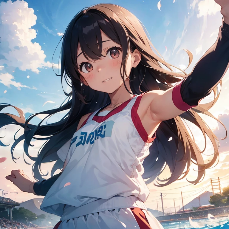 "Create a dreamy, soft watercolor-style illustration of a Japanese Olympic athlete celebrating their victory. The image should have a gentle, ethereal quality with pastel hues and delicate brush strokes:
Athlete:
A young Japanese athlete with a joyful expression, their features softly defined with subtle watercolor washes.
Their body is in a dynamic pose of celebration, arms raised high, but the edges are blurred and flowing, creating a sense of movement.
The athlete's uniform subtly incorporates traditional Japanese patterns, like cherry blossoms or waves, bleeding gently into the background.
Setting:
The background is a hazy blend of soft colors representing an abstract Olympic stadium, with gentle swirls of light suggesting a cheering crowd.
Floating cherry blossom petals and sparkles of light dance around the athlete, adding a magical quality.
Elements:
The Olympic rings appear as translucent, watercolor circles, their colors bleeding into each other slightly.
A suggestion of a gold medal around the athlete's neck, rendered in soft golden hues that shimmer and blend with the surrounding colors.
Faint, dream-like images of Mount Fuji and Tokyo's skyline in the far background, barely visible through the misty atmosphere.
Style:
Use a soft, pastel color palette dominated by gentle pinks, blues, and golds.
Employ loose, flowing brushstrokes that blend and blur at the edges.
Incorporate white space to enhance the light, airy feel of the illustration.
Add subtle splatters and textures to mimic traditional watercolor techniques.
Ensure all elements have a slightly transparent quality, allowing colors to blend and interact.
Mood:
The overall mood should be one of joy, triumph, and ethereal beauty, capturing the emotion of an Olympic victory in a uniquely Japanese and delicately artistic way.
Render this scene in a high-resolution digital watercolor style, pushing the boundaries of softness and delicacy while maintaining a sense of energy and celebration that reflects th