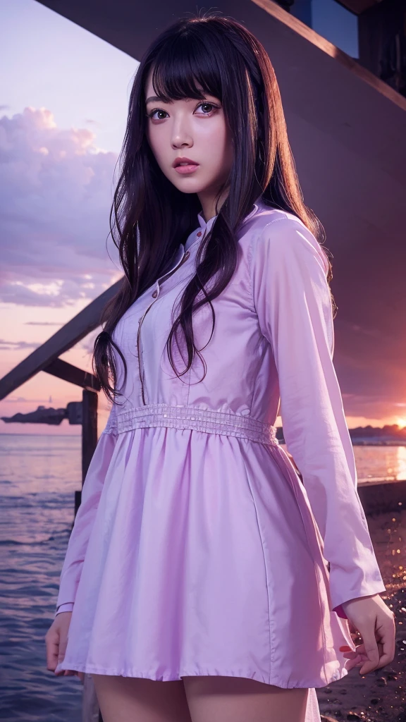 masterpiece, High resolution, Highest quality, Very detailed, Pink Eyes, Beautiful woman, Purple Dress,Beach,Long Hair