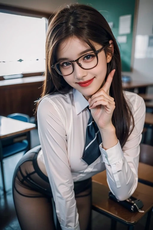 (((masterpiece))), ((Highest quality)), ((Intricately detailed)), ((Surreal)), Absurd resolution, (()), Age 25, Mature Woman, Very detailed, figure, One girl, (Small breasts), Perfect hands, Detailed fingers, Beautiful attention to detail, Long Hair, Black Hair, Brown eyes, classroom, (Korean:1.2), Tights,School Tie, tights, Glasses, teacher, Detailed Background, Perfect Eyes, Seductive eyes, Captivating smile, Seductive pose, Looking at the audience, Sexy pose, from the front, (masterpiece,Highest quality:1.5)
