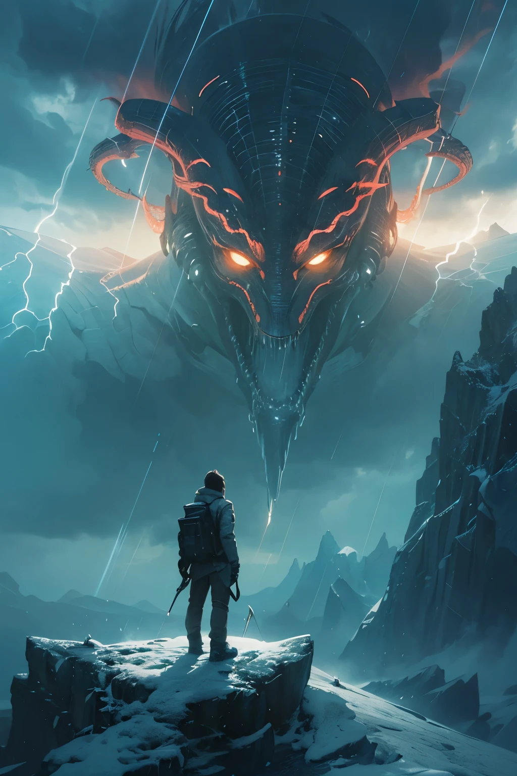 A very detailed painting， ice world, Depicts a man　have a weapon on a hill gazing at a giant alien monster lightning rain breath, author：Shinkai Makoto, By Art Jem, From Wlop, author：Greg Rutkowski, Volumetric Lighting, Octane Rendering, 4K resolution, Popular on artstation, masterpiece ,flame magic, 
Meteor shower