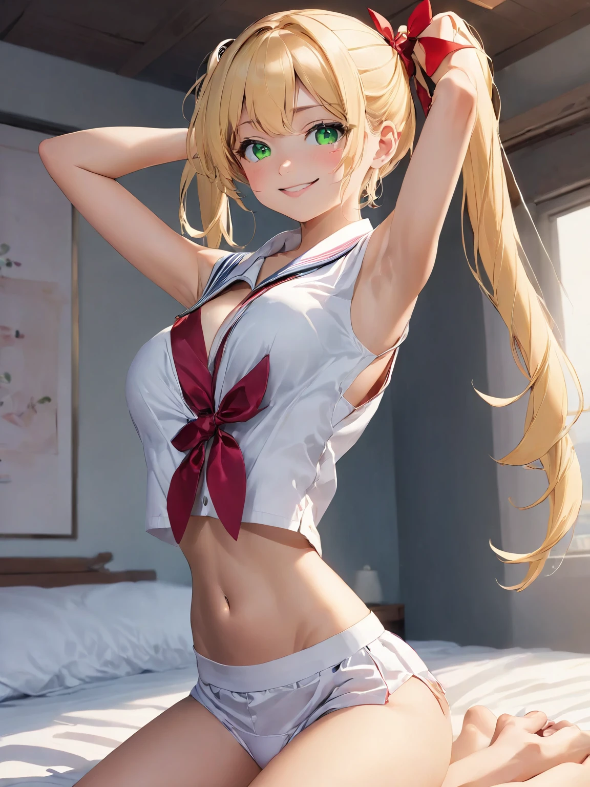 masterpiece, 8k, best quality, very aesthetic, absurdres, very detailed, SFW, 1girl, Jk, solo,  thong, (spread kneeling:1.3) , (underboob), no bra, crop top white shirt, (sleeveless), sailor suit,  half opened mouth, smile, blonde hair, lip details, fine detailed green eyes, double eyelid, bedroom, Beautiful Skin, Hair pulled back, side ponytail, (glamorous:),  red ribbon tie,  (short torso:1.3), (arms behind head), breasts