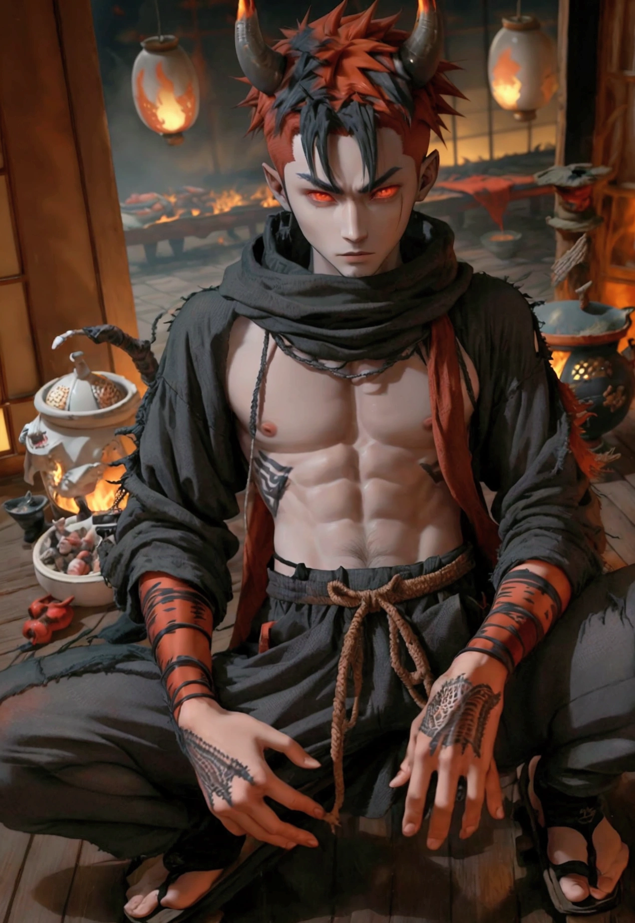 1 male demon with gray skin with very thin fiery horns coming from the front of his forehead, ((fire hair)) ((with baggy clothes style oriental rpg world)) (perfect human eyes) work of art, best qualityer, (full viwer), bottom clean.
