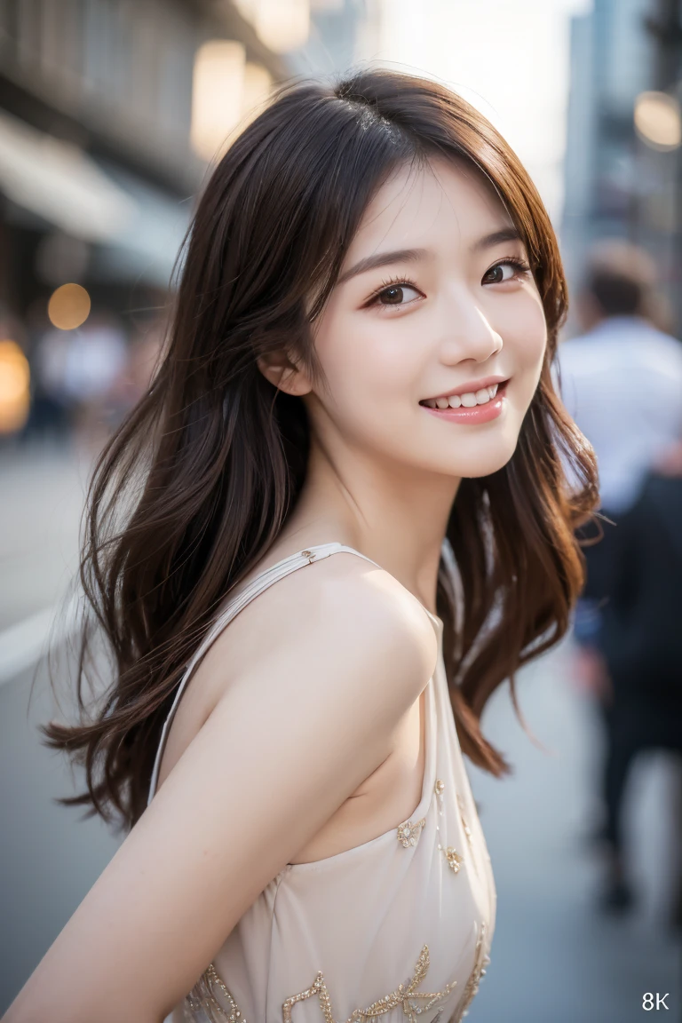 ((best quality, 8k, masterpiece :1.3)), 1 girl, smiling, whole body, face slimming, pretty Woman, (Dark brown hair), full length dress :1.1, Super detailed faces, delicate eyes, double eyelids, blurred background, face slimming, City, external, street,